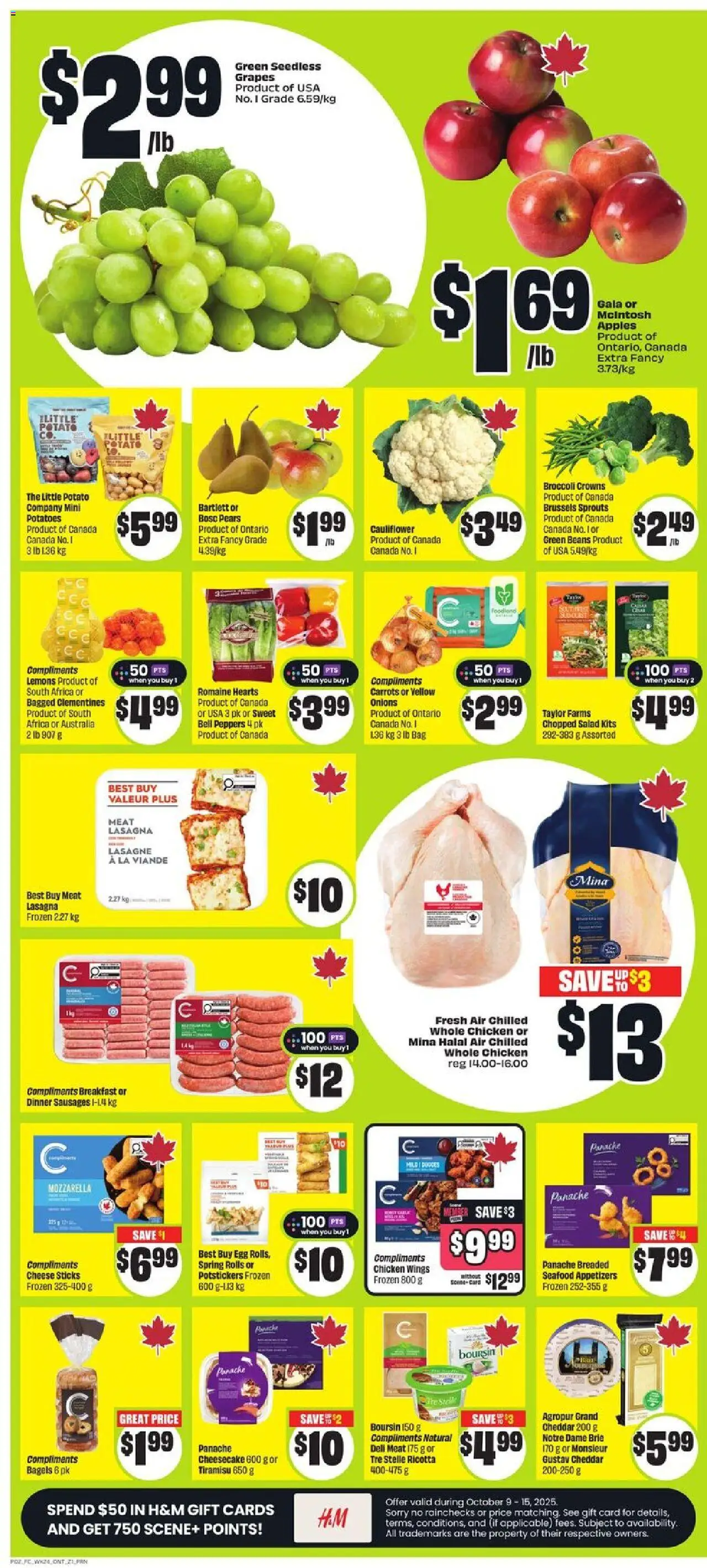 FreshCo flyer valid from 09.10.2025 | Page: 3 | Products: Chicken wings, Cheese, Chicken, Apples