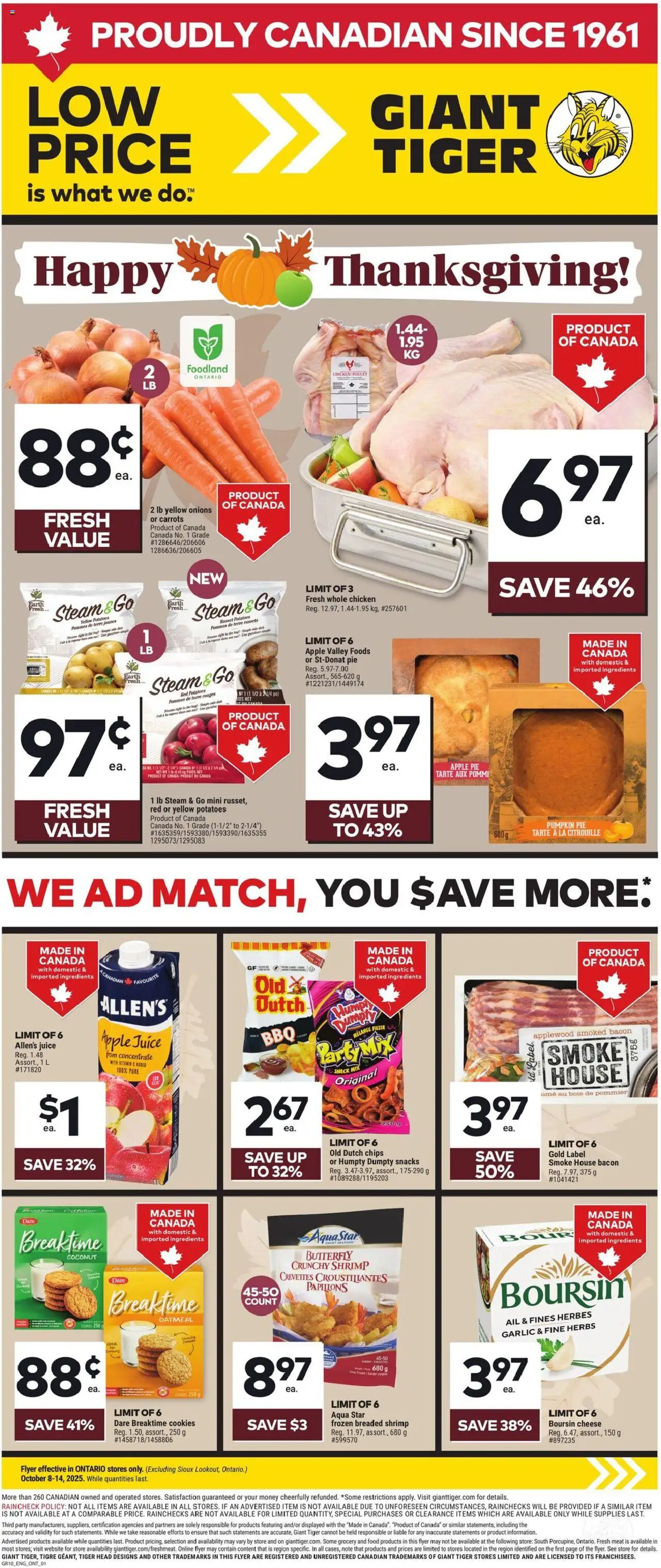Giant Tiger flyer valid from 08.10.2025 | Page: 1 | Products: Cookies, Potatoes, Bag, Chicken