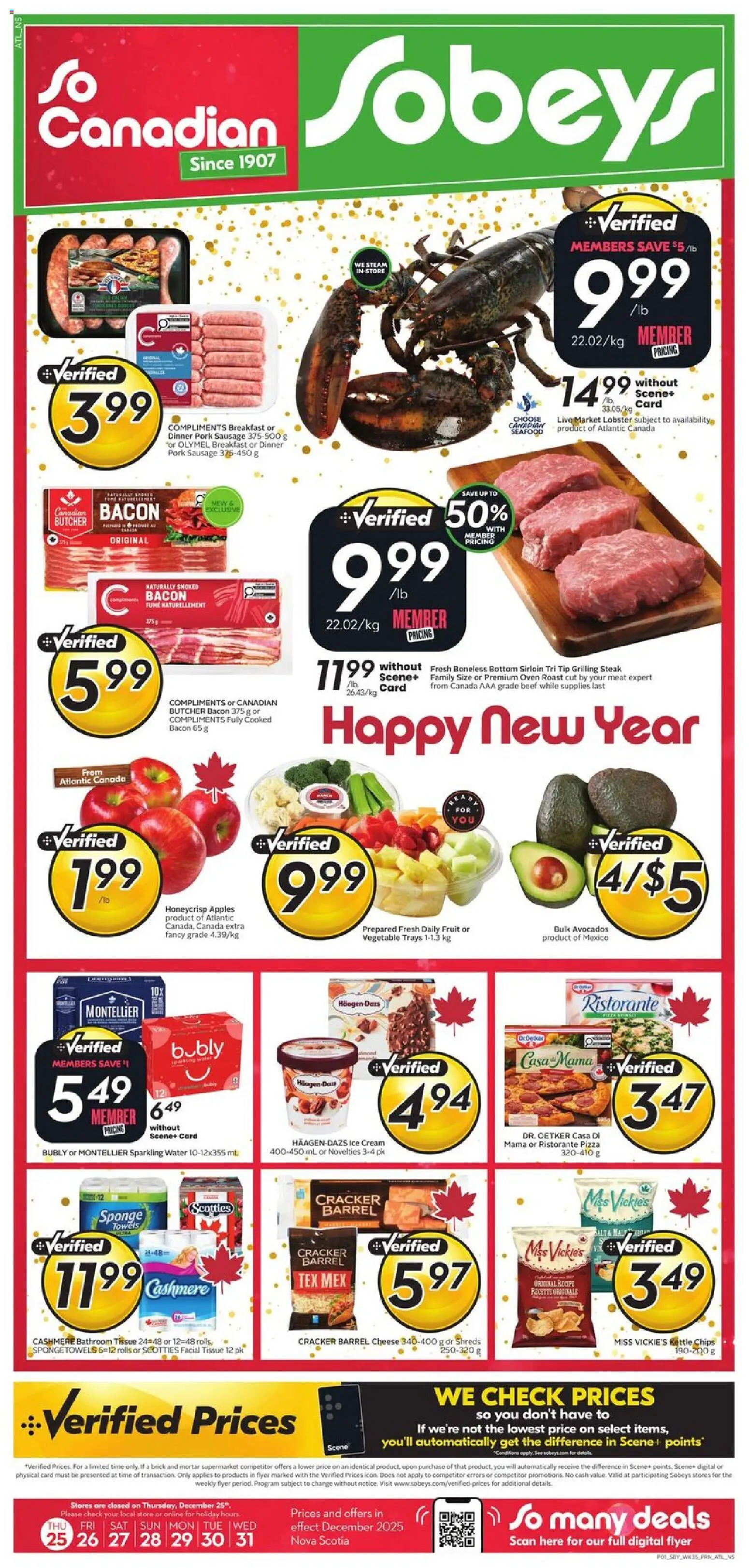 Sobeys flyer valid from 25.12.2025 | Page: 1 | Products: Beef, Oven, Pizza, Apples