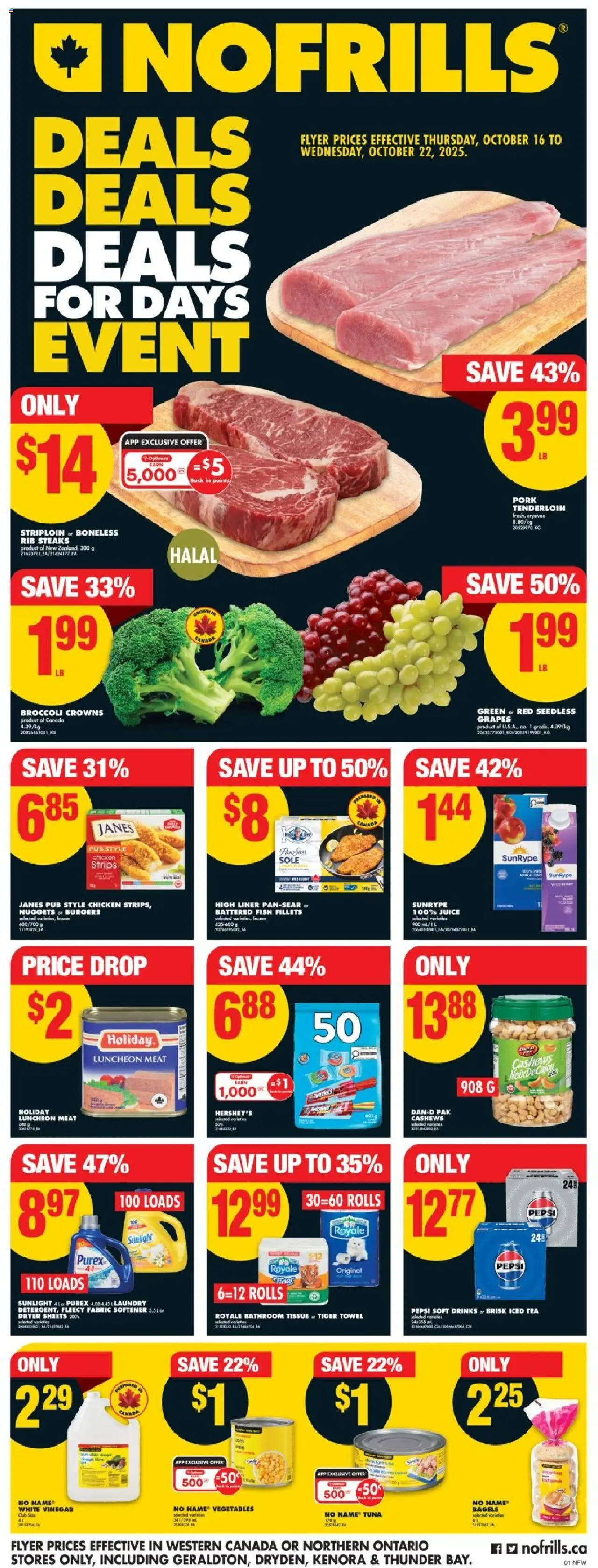 No Frills flyer valid from 16.10.2025 | Page: 1 | Products: Tea, Fabric softener, Juice, Chicken
