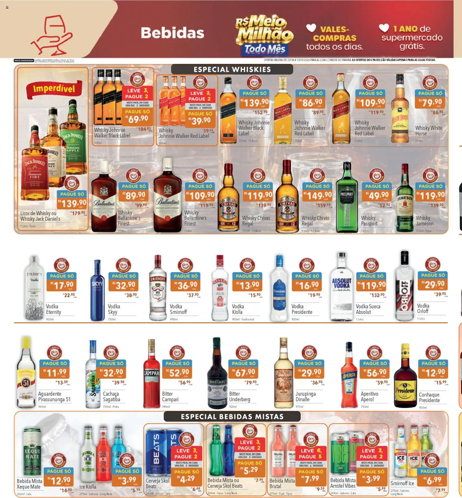 Supermercados Condor Folheto - válido de 22.04.2026 | Página: 18 | Produtos: Cachaça, Cama, Vodka, Campari