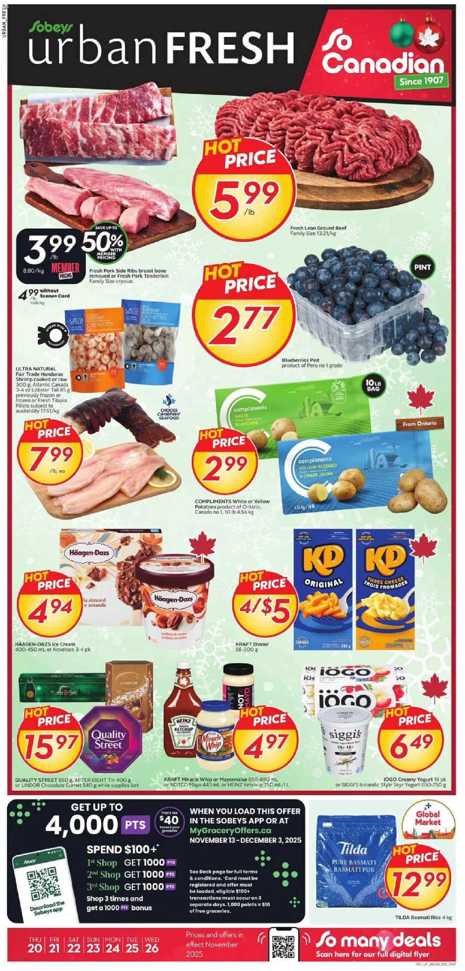 Sobeys flyer valid from 20.11.2025 | Page: 1 | Products: Beef, Ketchup, Cream, Yogurt