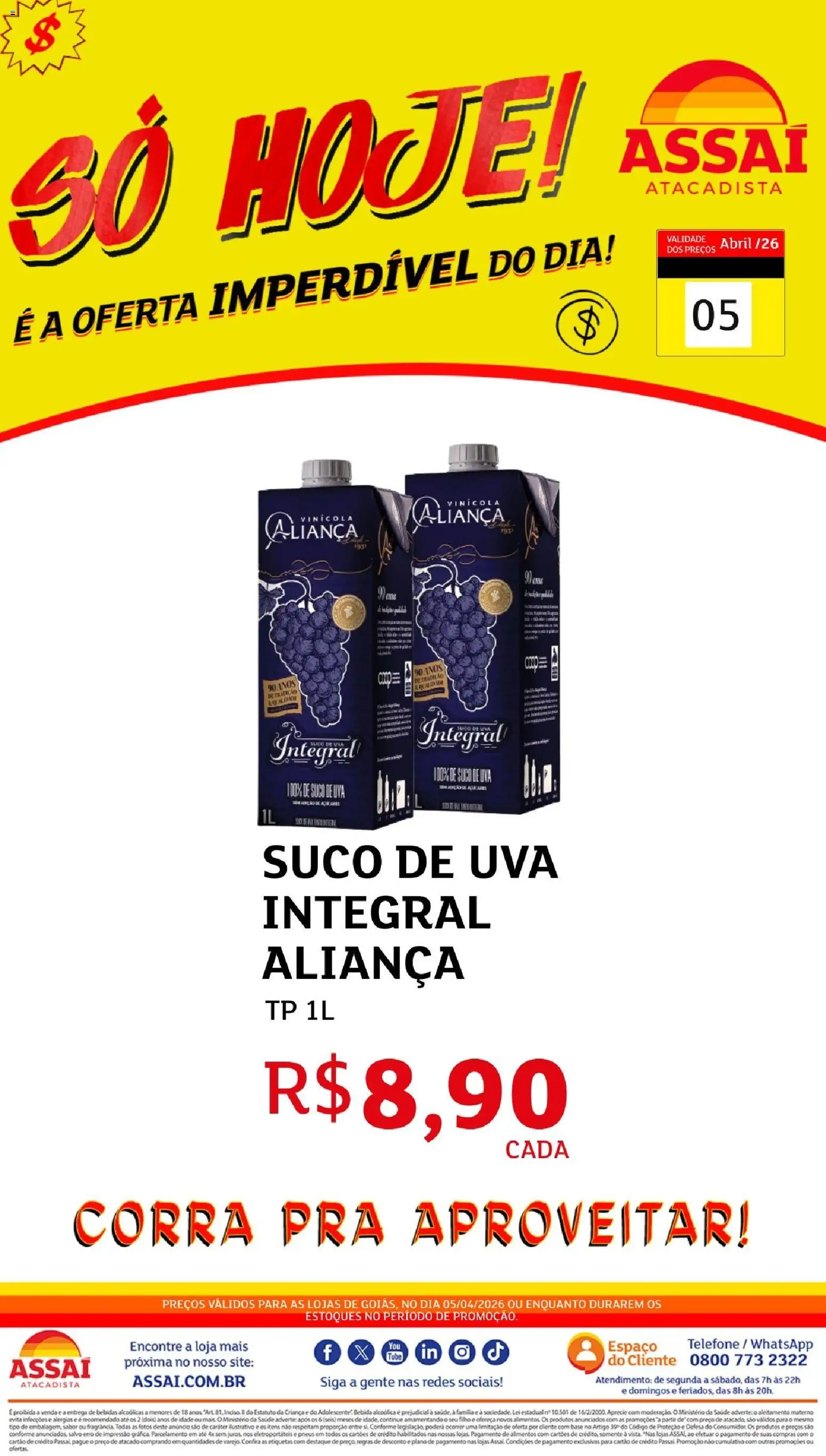 Assaí Atacadista Folheto - válido de 05.04.2026 | Página: 1 | Produtos: Aliança, Suco, Base, Telefone