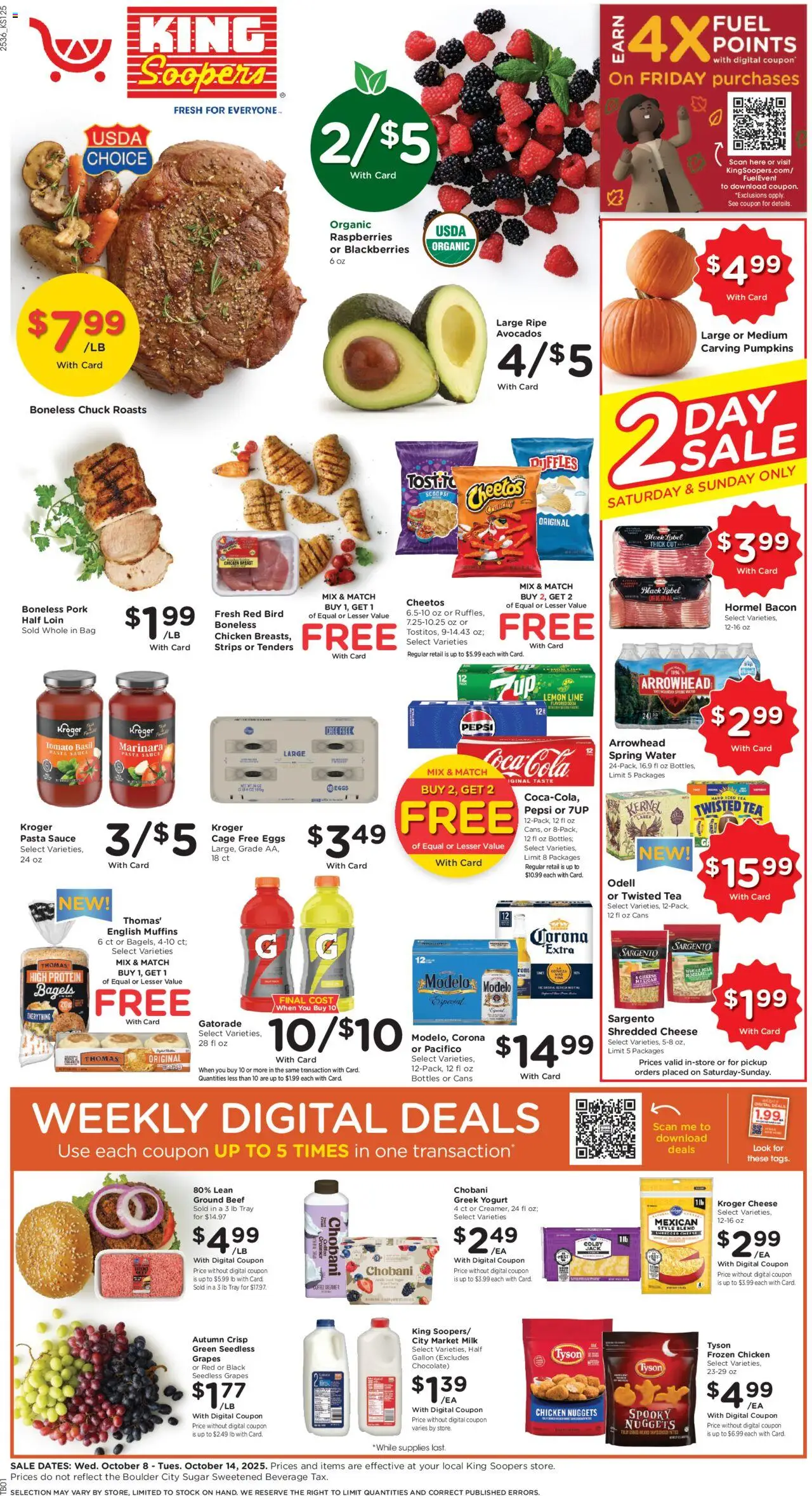 King Soopers Weekly Ad - valid from 08.10.2025 | Page: 1 | Products: Milk, Pasta, Water, Grapes