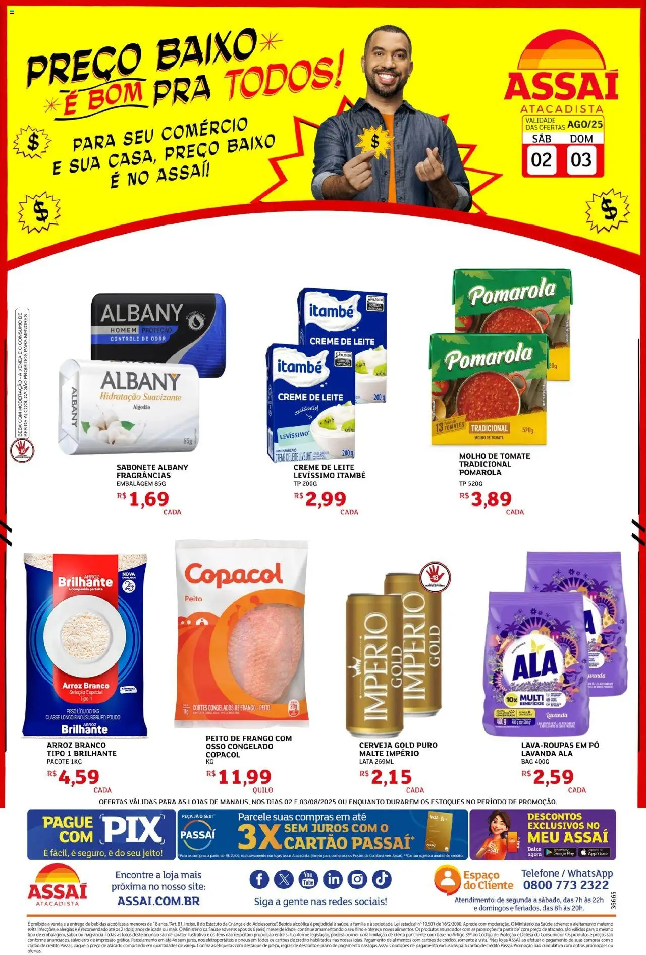 Assaí Atacadista Folheto - válido de 02.08.2025 | Página: 1 | Produtos: Pó, Algodão, Telefone, Creme de leite