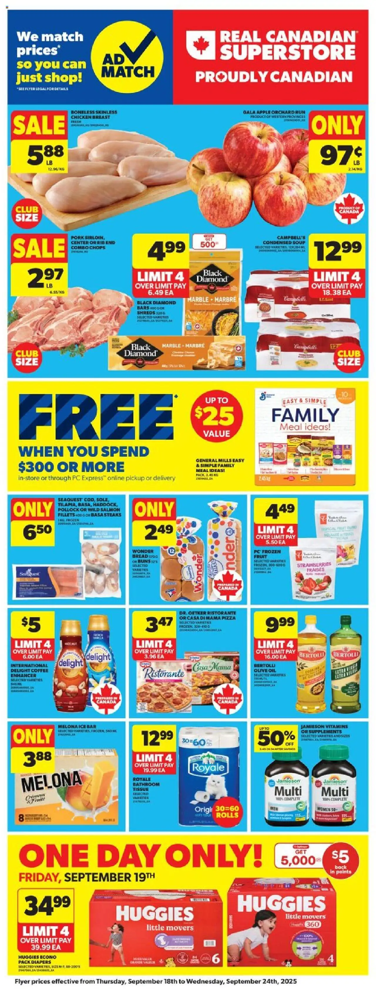 Real Canadian Superstore flyer valid from 18.09.2025 | Page: 3 | Products: Strawberries, PC, Oil, Pork