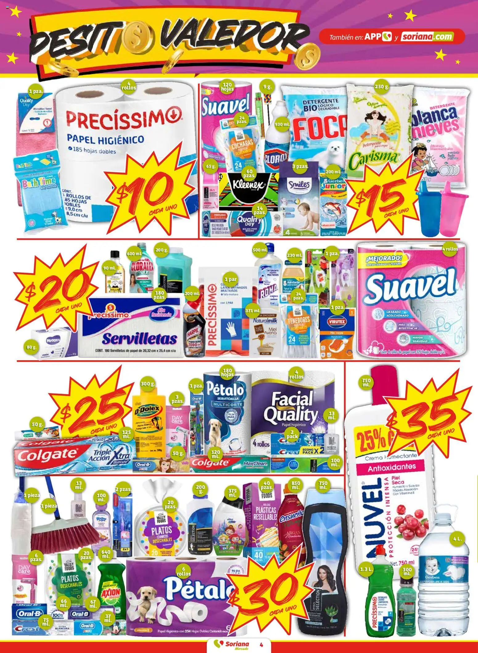 Nuevas ofertas de Soriana válidas en toda la República Mexicana desde el 12.02.2026. ¡Encuentra las mejores ofertas en Soriana - Pesito Valedor Mercado: Nay, Sin, Son! | Página: 4 | Productos: Detergente, Crema, Huevo, Cloro