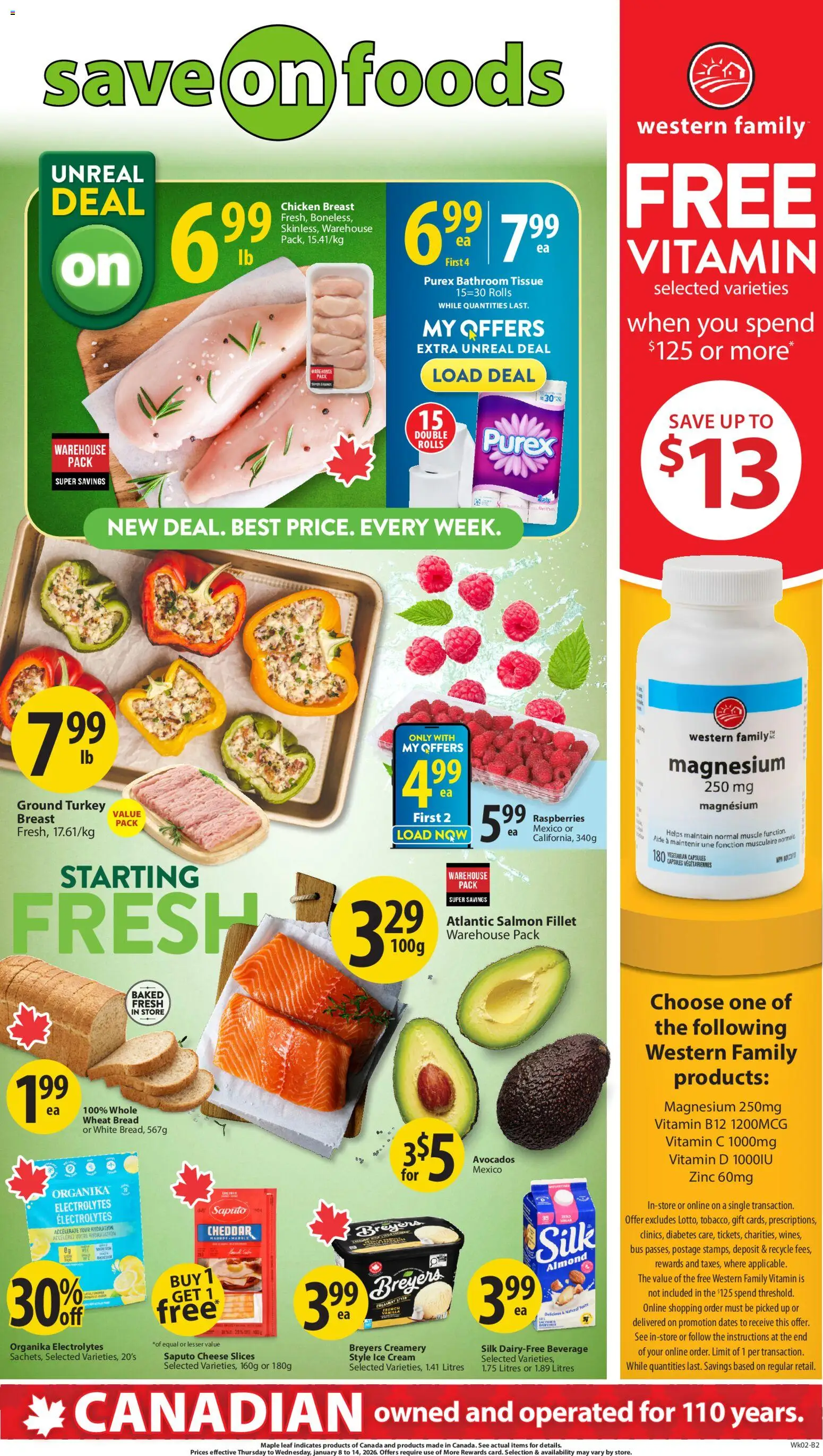 Save on foods flyer valid from 08.01.2026 | Page: 1 | Products: Cream, Turkey, Cheese, Chicken