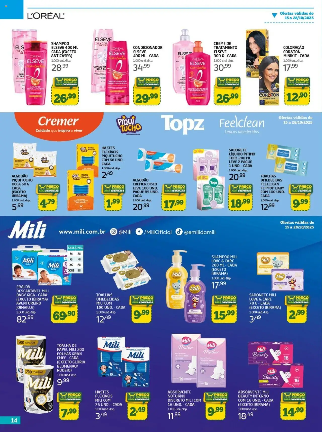 Cooper Folheto - válido de 15.10.2025 | Página: 14 | Produtos: Algodão, Creme para pentear, Absorvente, Disco