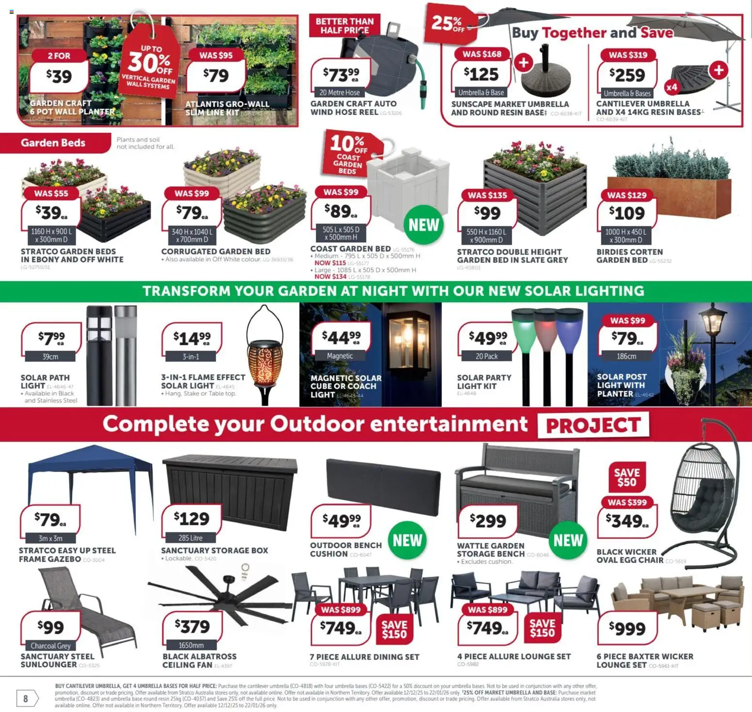 Stratco catalogue - valid from 12.12.2025 | Page: 8 | Products: Light, Pot, Umbrella, Bench