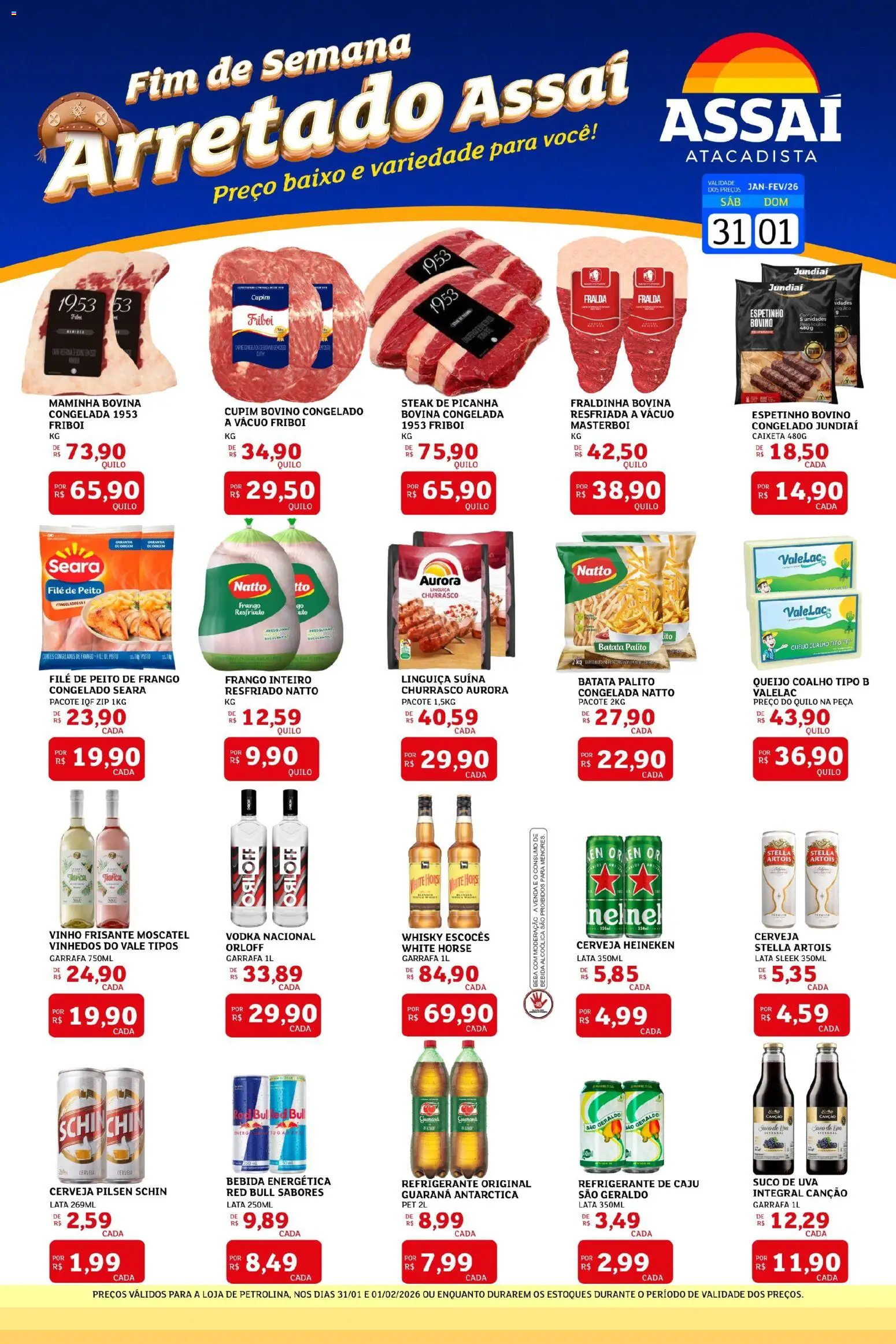 Assaí Atacadista Folheto - válido de 31.01.2026 | Página: 1 | Produtos: Guaraná, Fraldinha, Queijo coalho, Heineken