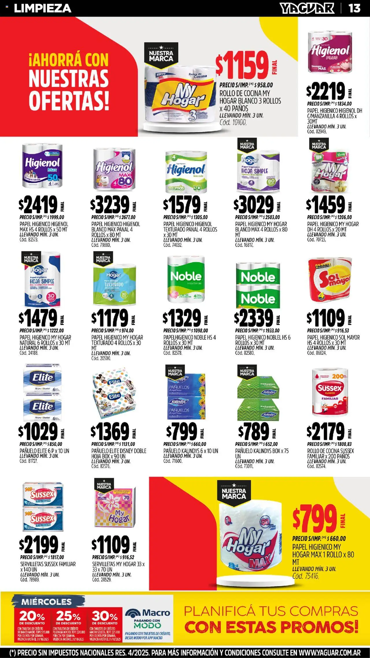 Yaguar - Córdoba │ válido desde el 20.10.2025 | Página: 13 | Productos: Papel higiénico, Cocina, Banco, Servilletas