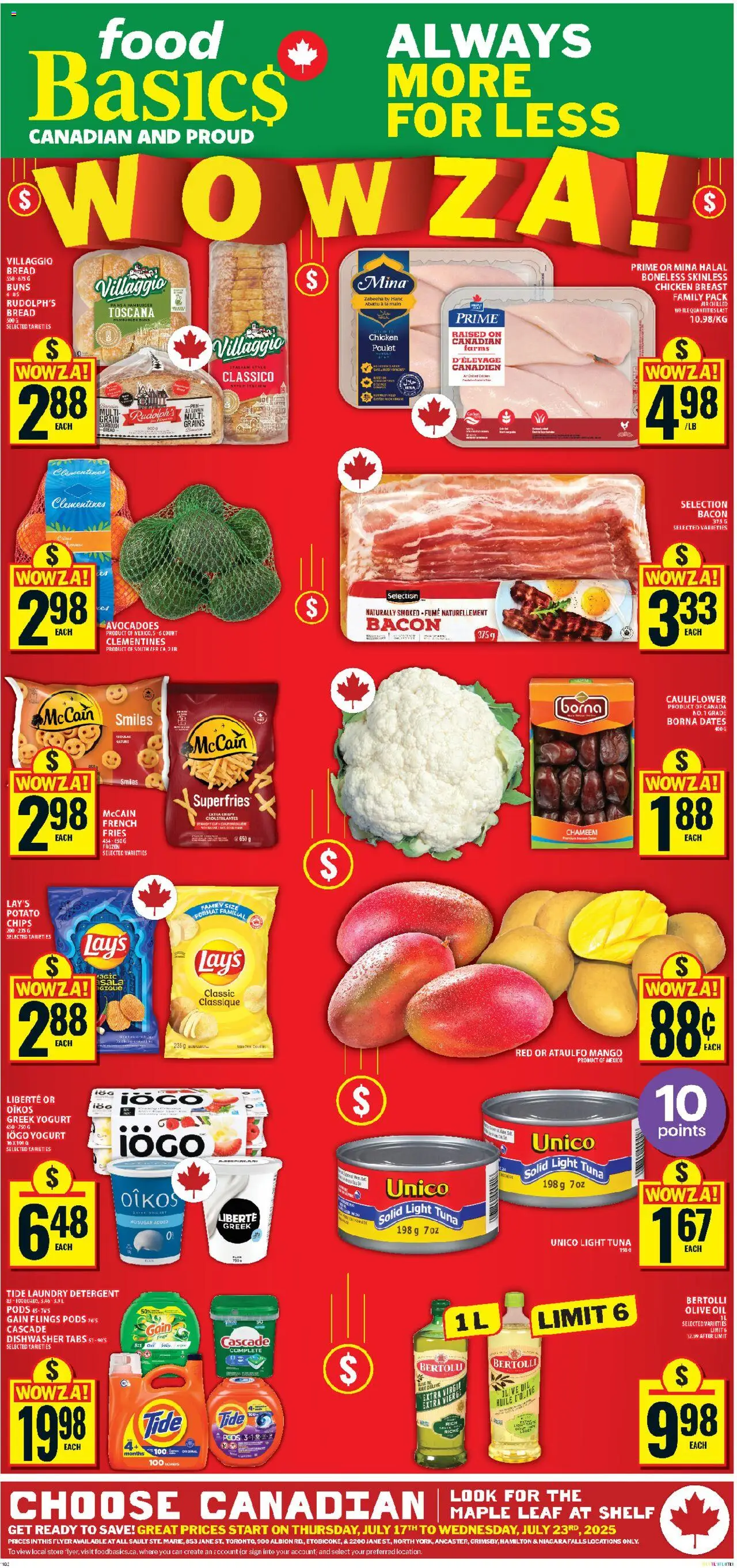 Food Basics flyer valid from 17.07.2025 | Page: 1 | Products: Chips, Dishwasher, Bread, Chicken