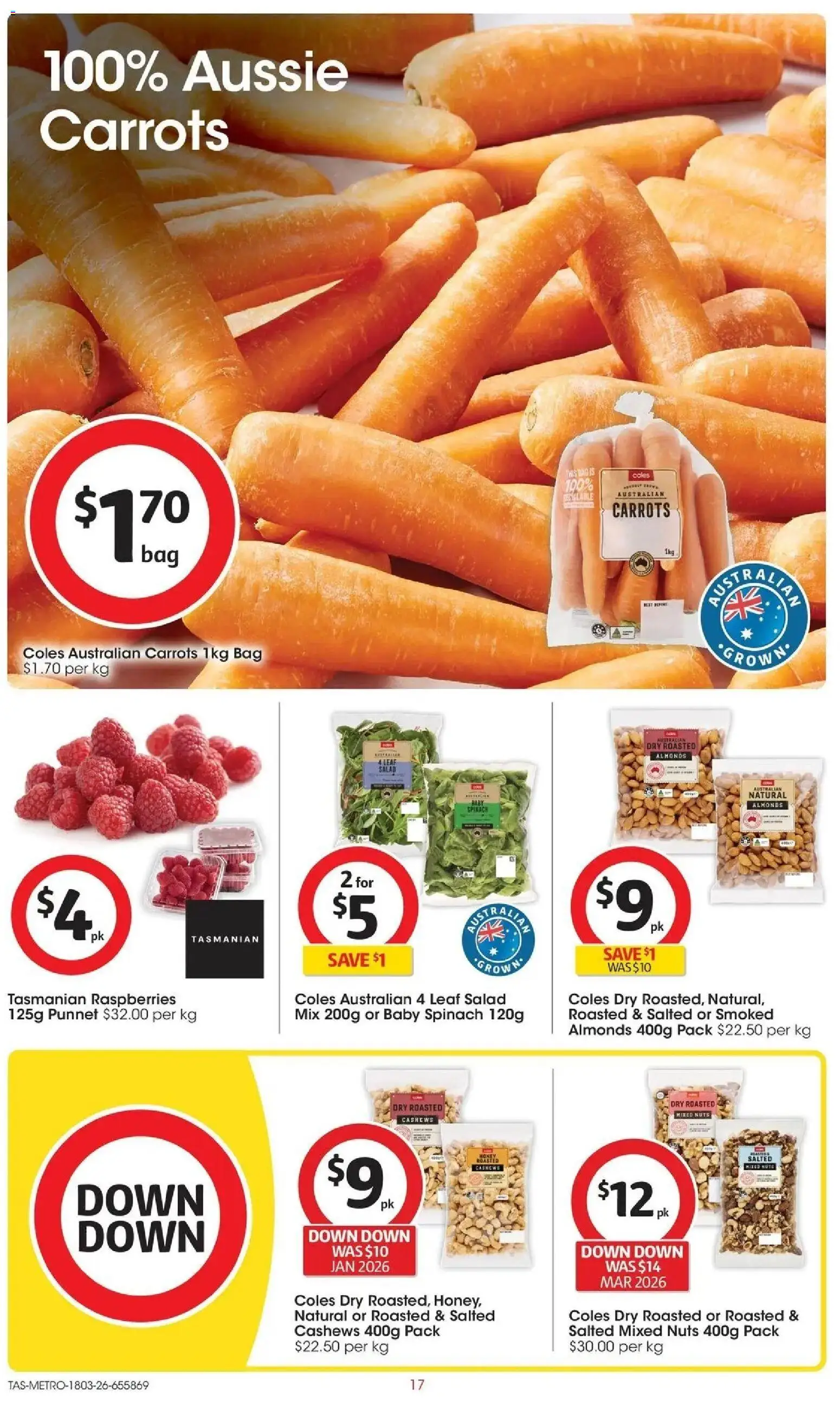 Coles catalogue - valid from 18.03.2026 | Page: 17 | Products: Almonds, Carrots, Salad, Spinach