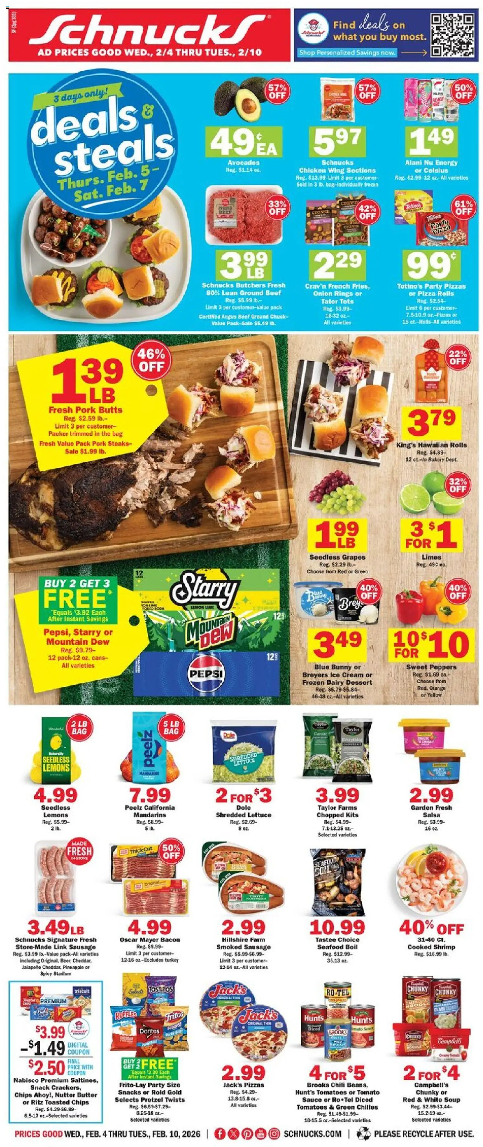 Schnucks Ad - valid from 04.02.2026 | Page: 1 | Products: Lettuce, Pizza, Chips, Onion