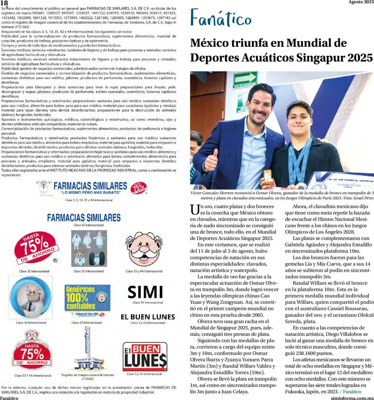 Nuevas ofertas de Farmacias Similares válidas en toda la República Mexicana desde el 15.08.2025. ¡Encuentra las mejores ofertas en Farmacias Similares - Catálogo Siminforma! | Página: 18 | Productos: Trampolín, Cera, Medalla
