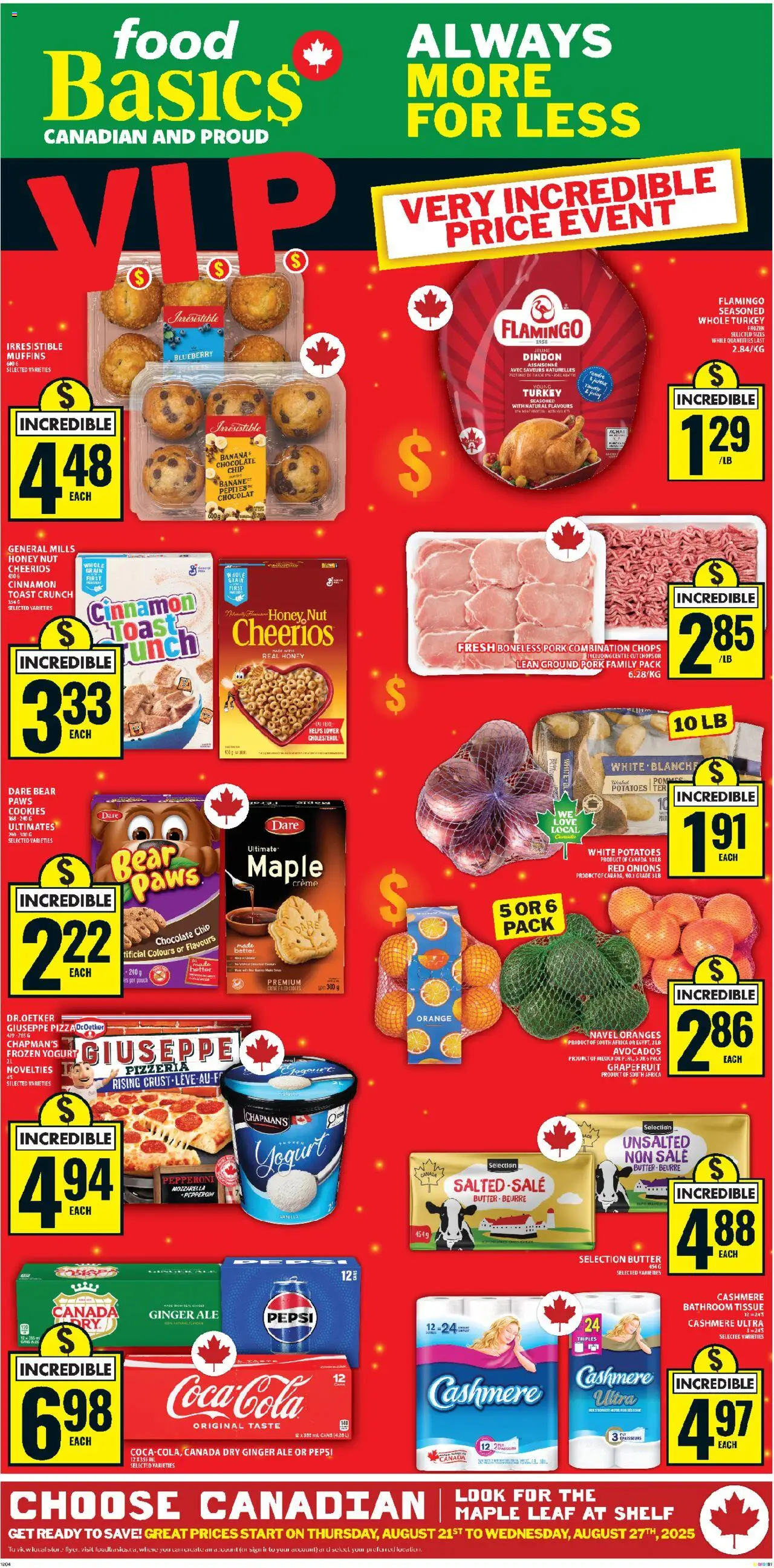 Food Basics flyer valid from 21.08.2025 | Page: 1 | Products: Cookies, Turkey, Potatoes, Chocolate