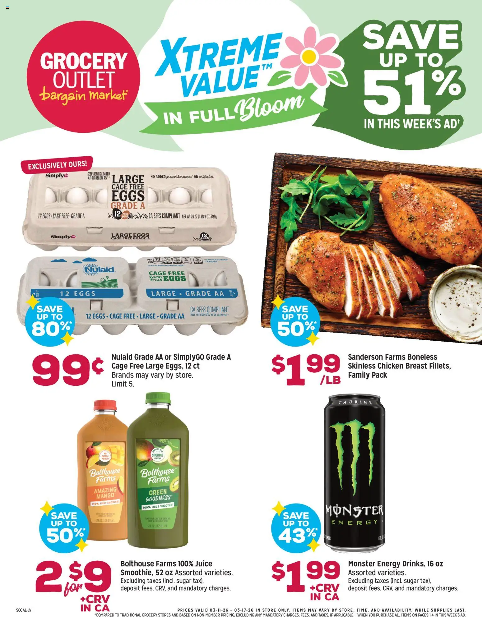 Grocery Outlet Weekly Ad - CA - valid from 11.03.2026 | Page: 1 | Products: Eggs, Juice, Sugar, Mango