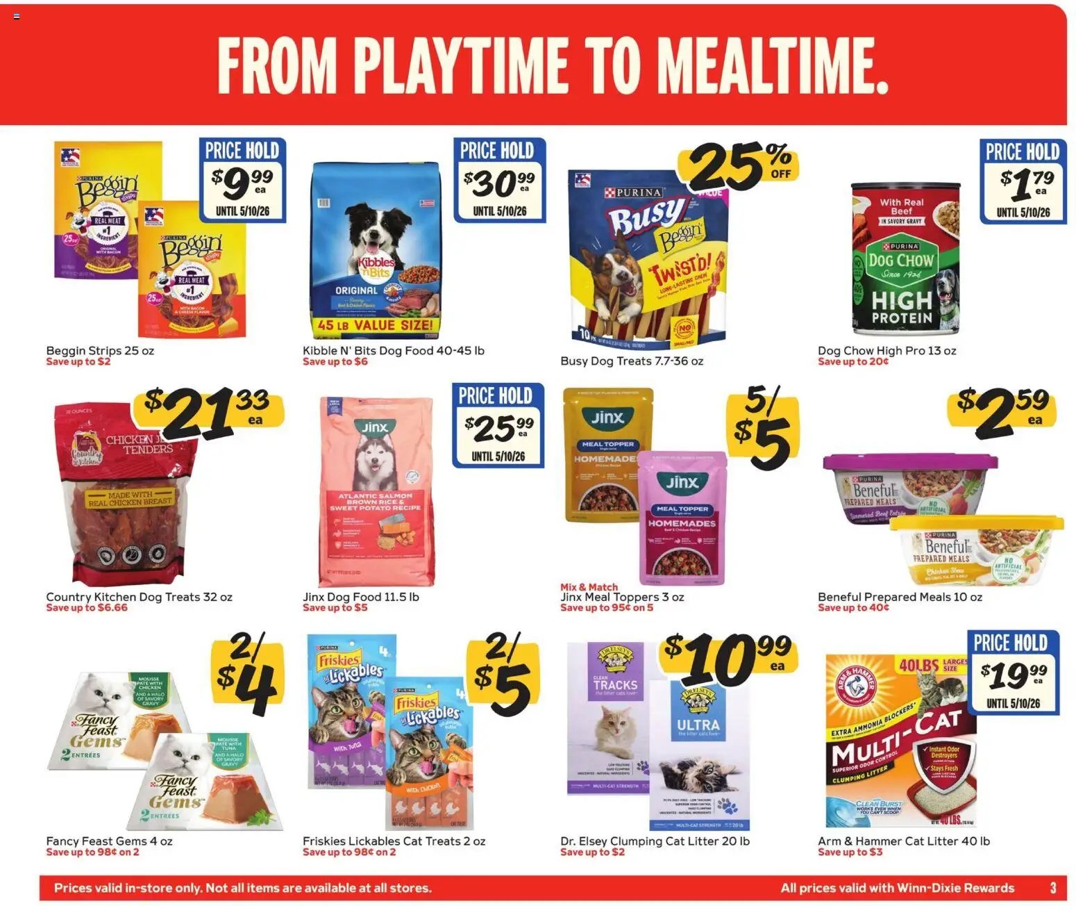 Winn Dixie Ad - valid from 29.04.2026 | Page: 3 | Products: Cat Litter, Rice, Beef, Toppers