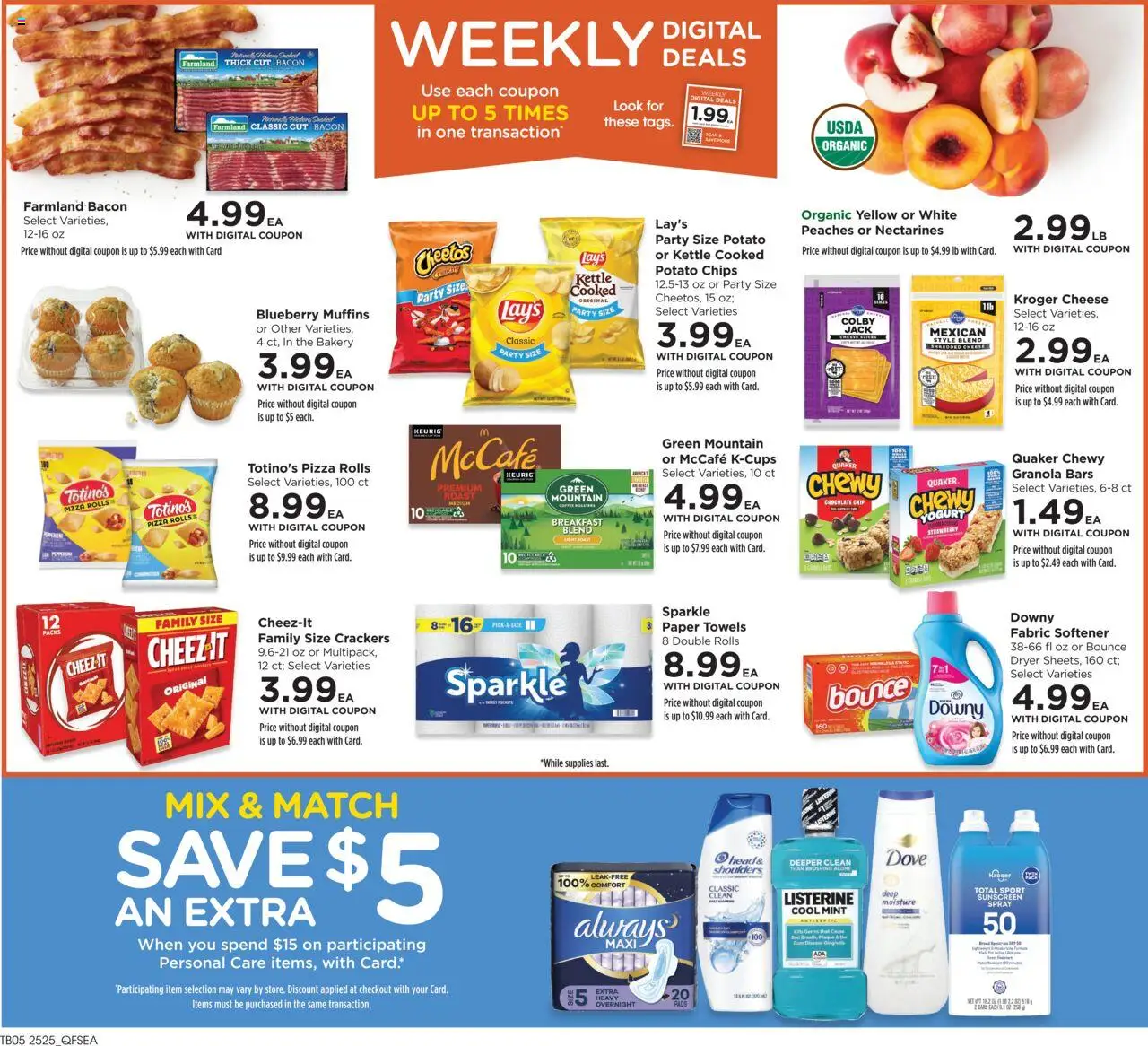 QFC Weekly Ad - valid from 23.07.2025 | Page: 2 | Products: Peaches, Yogurt, Pizza, Chocolate Chip