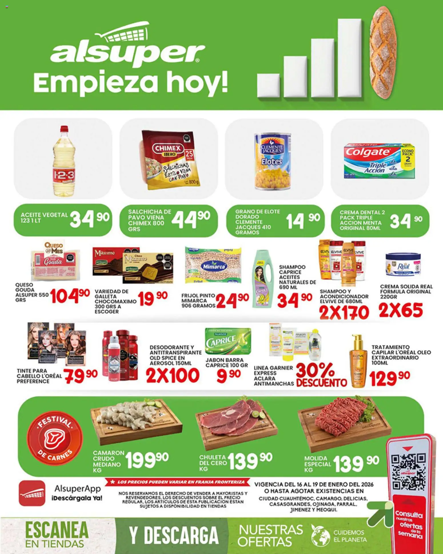 Nuevas ofertas de Alsuper válidas en toda la República Mexicana desde el 16.01.2026. ¡Encuentra las mejores ofertas en Alsuper folleto Chihuahua Estado! | Página: 1 | Productos: Salchicha, Queso, Aceite, Sobre