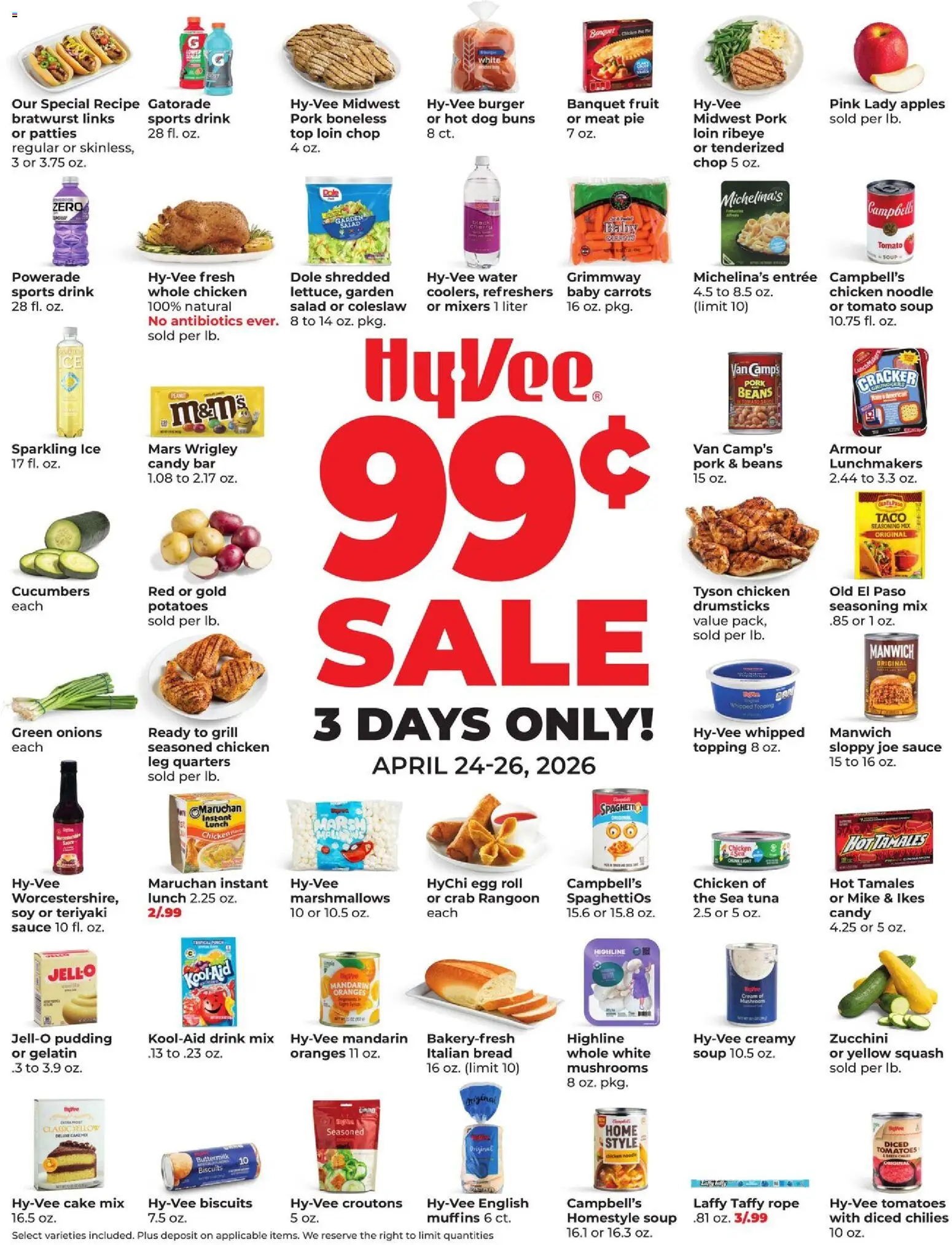 HyVee 3 Days Sale - valid from 24.04.2026 | Page: 1 | Products: Mushrooms, Pork, Cucumbers, Salad
