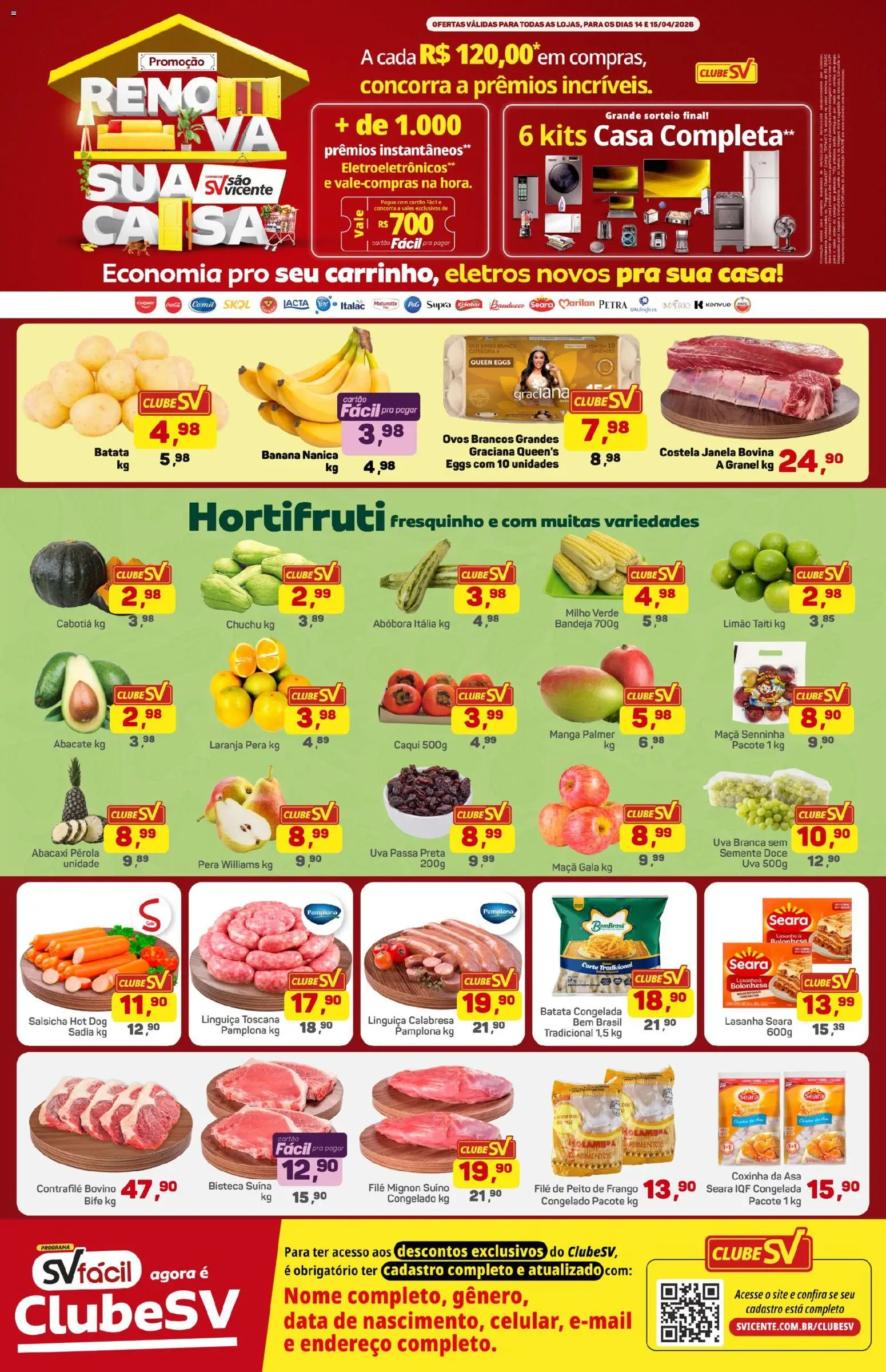 Supermercados São Vicente Folheto - válido de 14.04.2026 | Página: 1 | Produtos: Caqui, Abacaxi, Bandeja, Frango