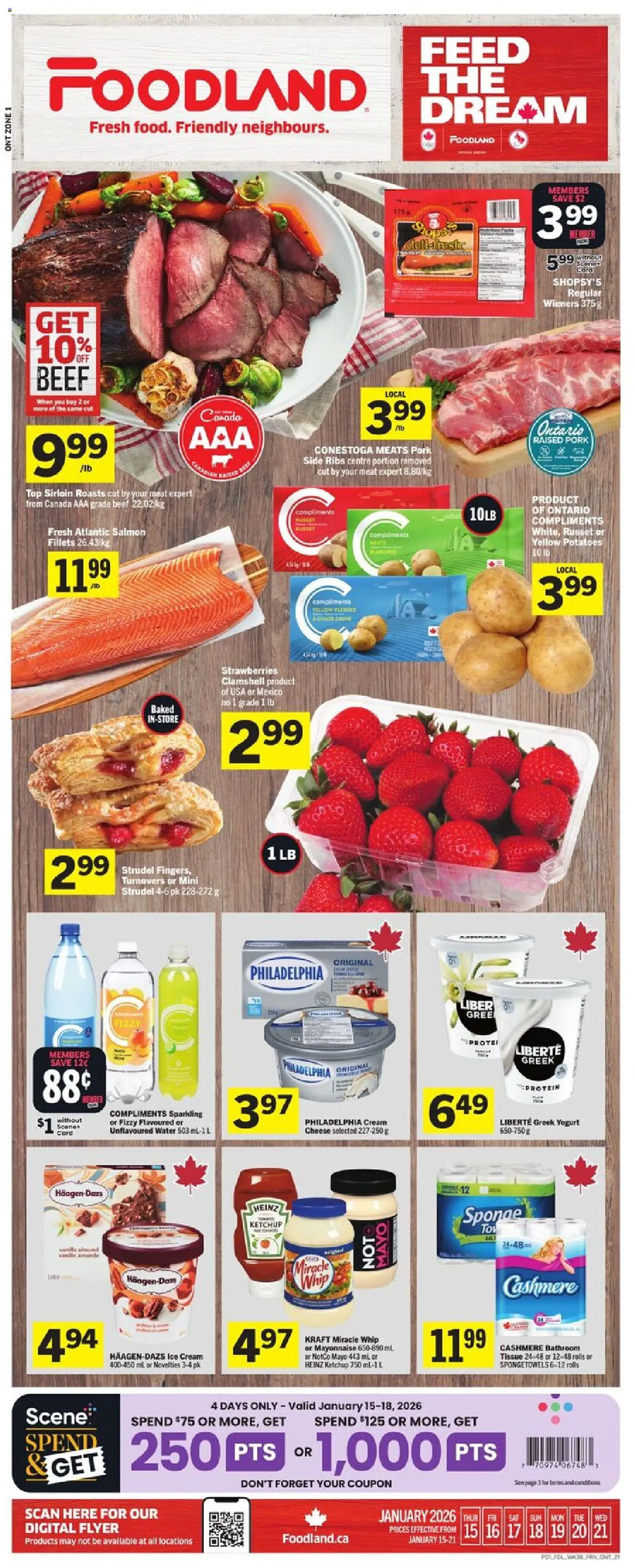 Foodland flyer valid from 15.01.2026 | Page: 1 | Products: Strawberries, Ice cream, Potatoes, Pork