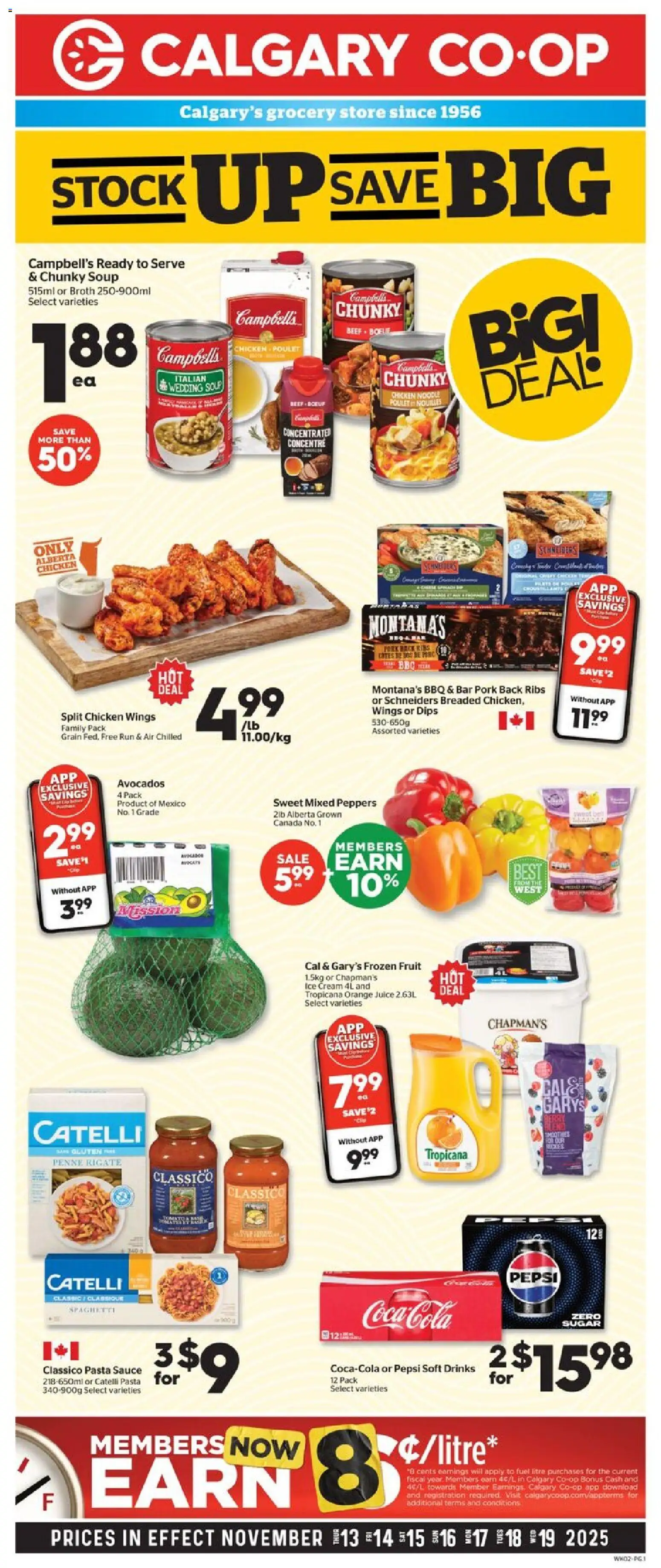 Calgary Co-op flyer valid from 13.11.2025 | Page: 1 | Products: Beef, Pasta, Cream, Chicken wings
