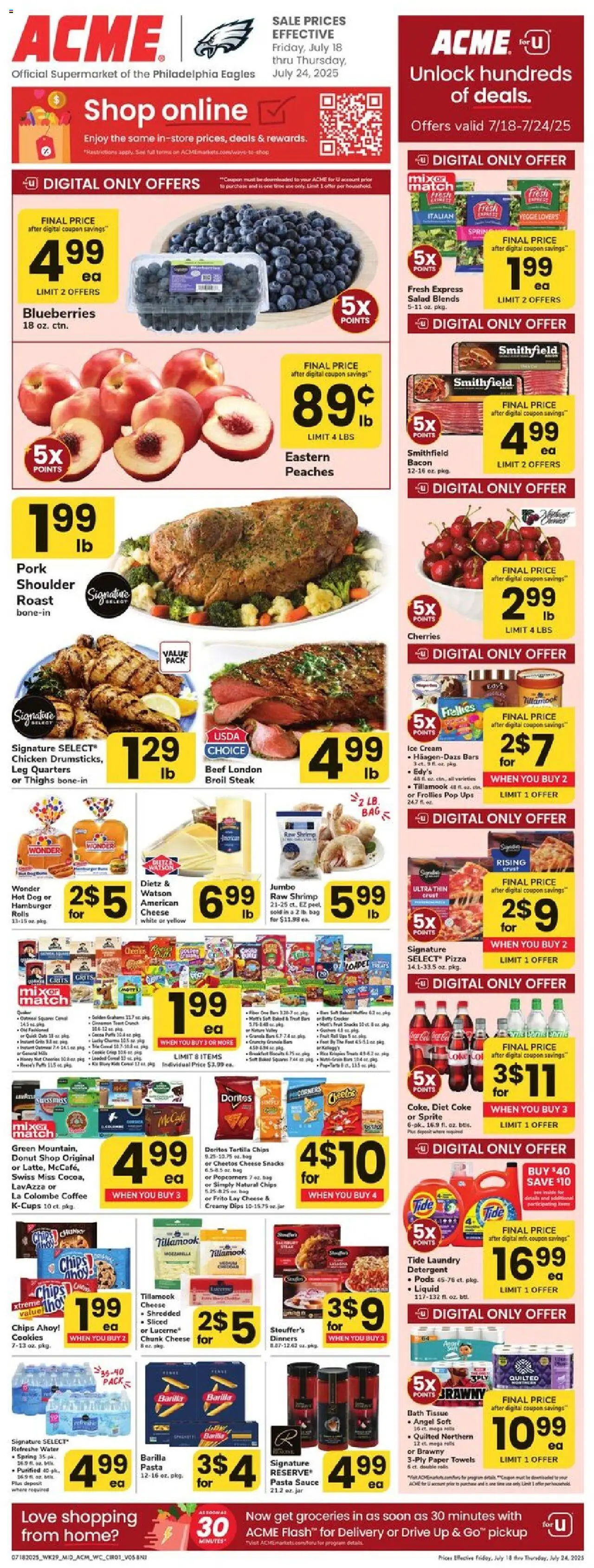 Acme Weekly Ad - NJ - valid from 18.07.2025 | Page: 1 | Products: Peaches, Pizza, Beef, Blueberries