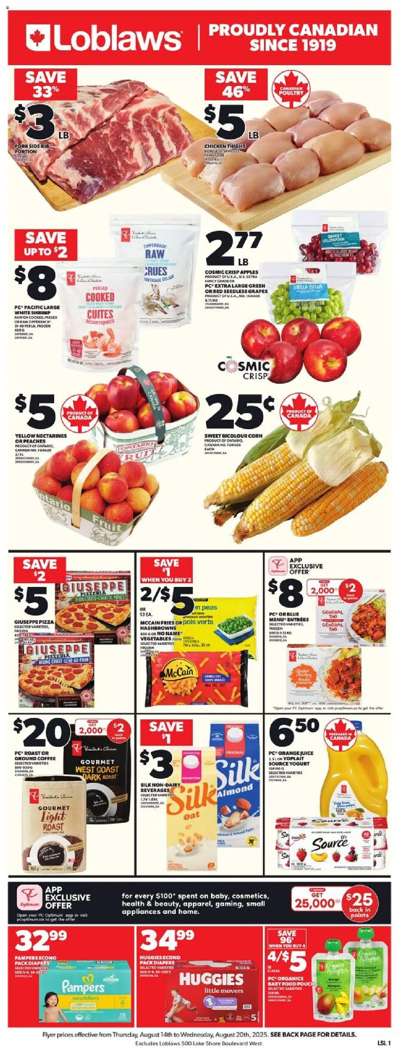 Loblaws flyer valid from 14.08.2025 | Page: 3 | Products: PC, Juice, Chicken, Apples