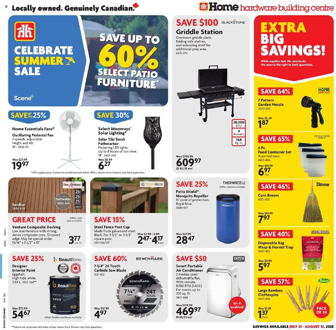 Home Hardware flyer valid from 31.07.2025 | Page: 1 | Products: Cap, Bag, Fan, Shelf
