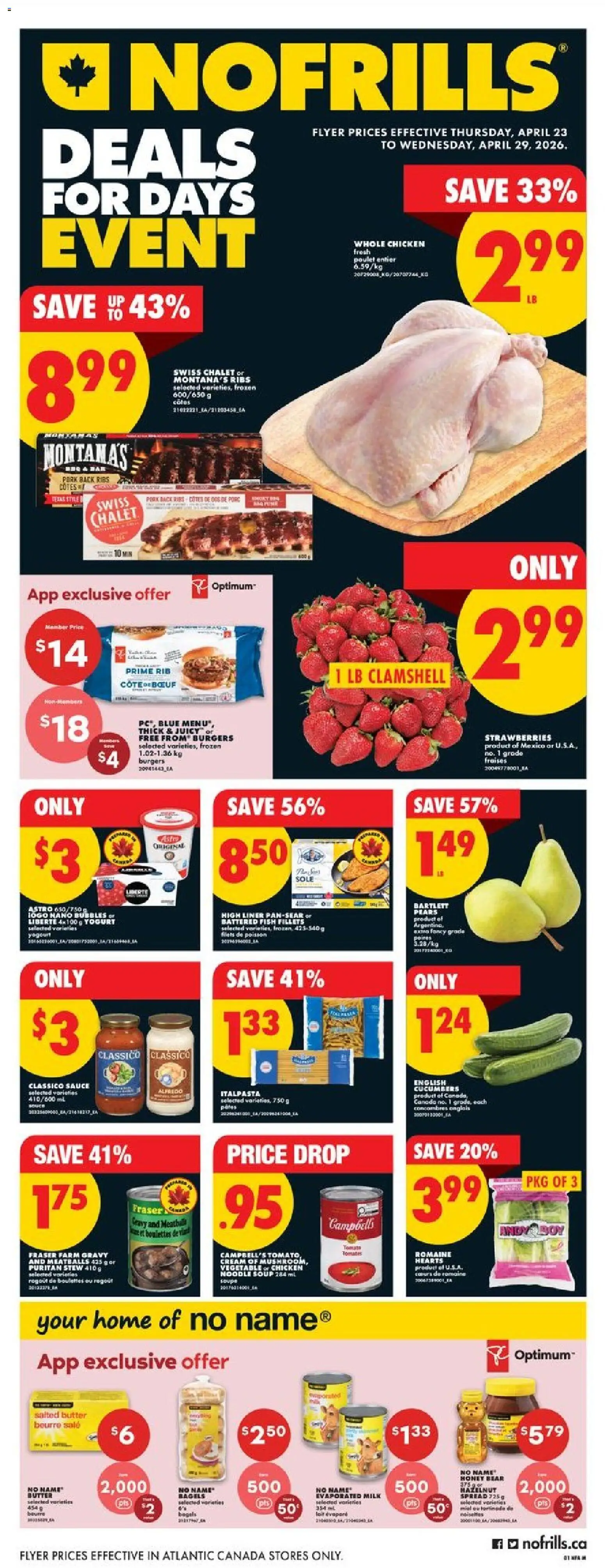 No Frills flyer valid from 23.04.2026 | Page: 2 | Products: Fish, Strawberries, Pasta, Milk
