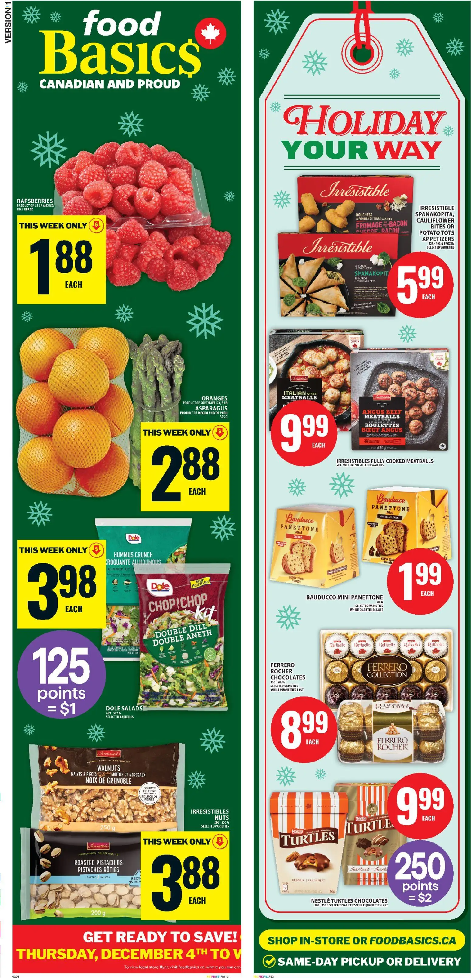 Food Basics flyer valid from 04.12.2025 | Page: 2 | Products: Kiwi, Nuts, Chocolate, Oranges