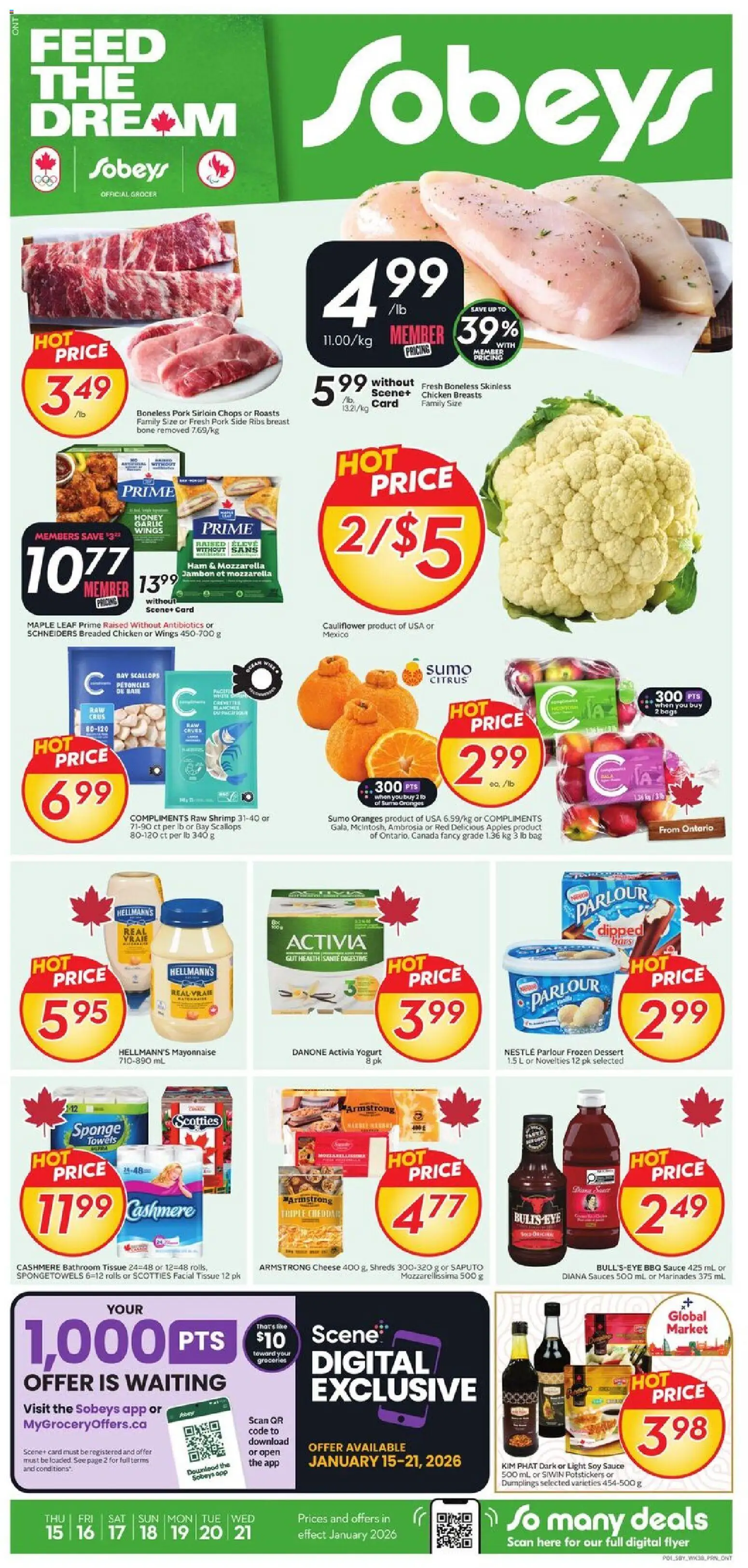 Sobeys flyer valid from 15.01.2026 | Page: 1 | Products: Bag, Sponge, Yogurt, Ham