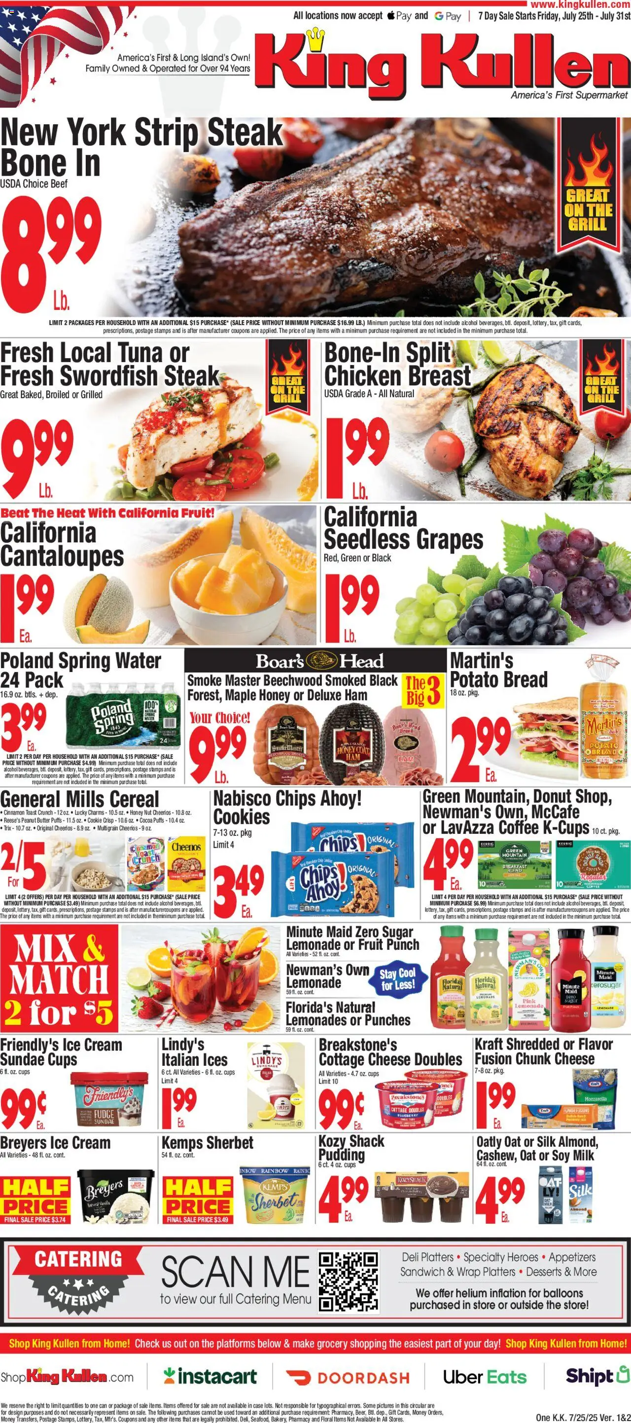 King Kullen Weekly Ad - valid from 25.07.2025 | Page: 1 | Products: Fusion, Coffee, Water, Grill
