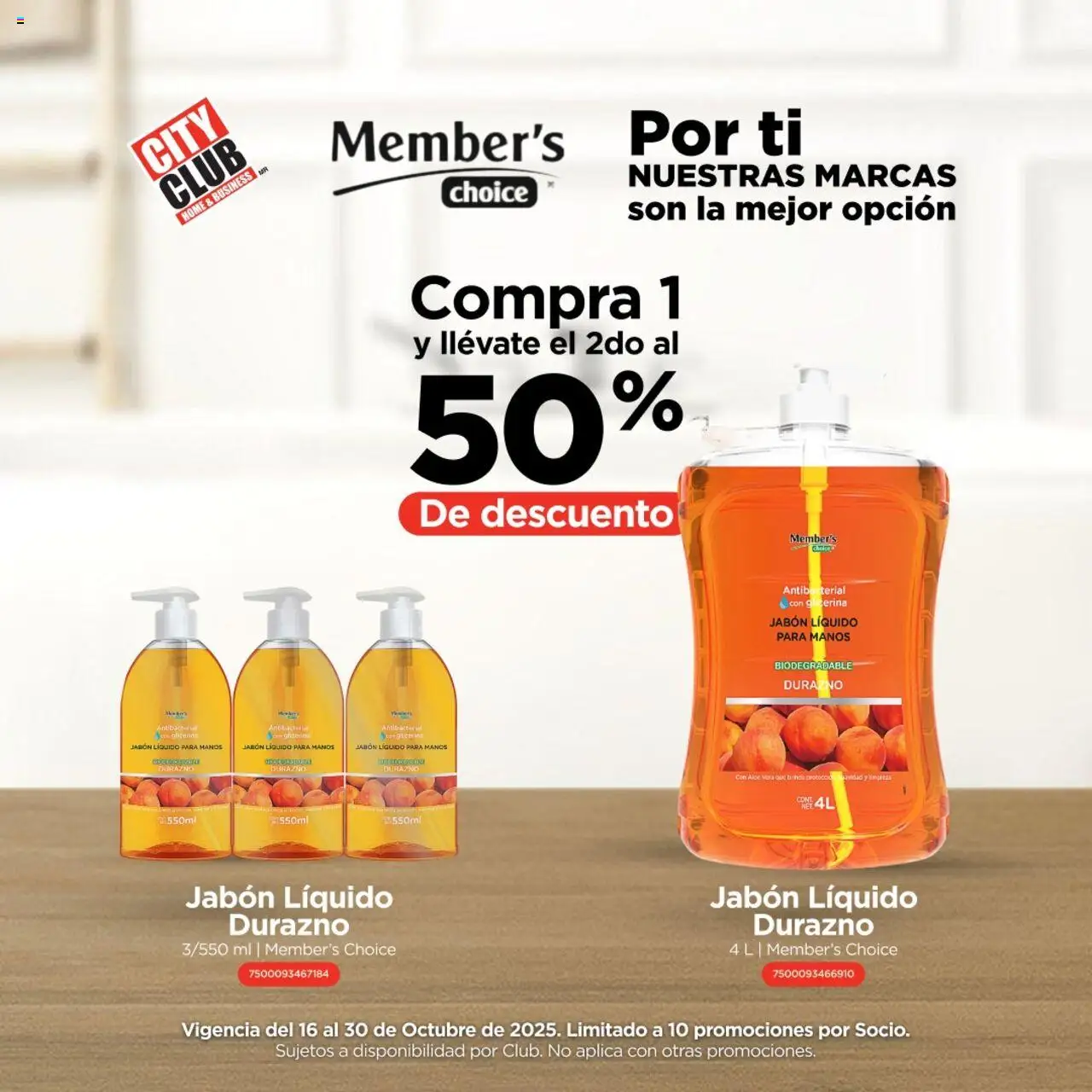 Nuevas ofertas de City Club válidas en toda la República Mexicana desde el 16.10.2025. ¡Encuentra las mejores ofertas en City Club catálogo Compra 1 y el 2do va al 50% de descuento! | Página: 3 | Productos: Durazno, Jabón líquido, Jabón