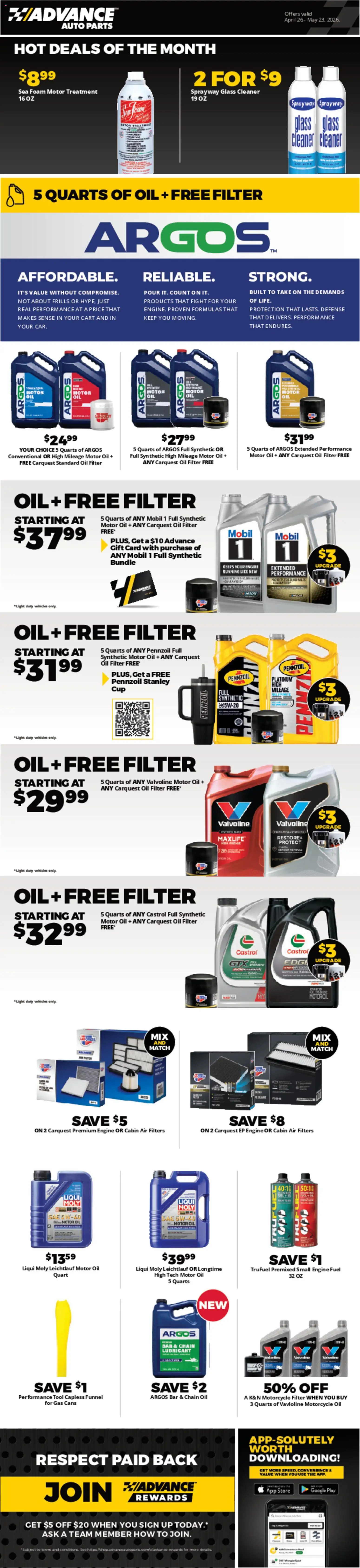 Advance Auto Parts Weekly Ad - valid from 26.04.2026 | Page: 1 | Products: Oil, Oil filter, Motor Oil