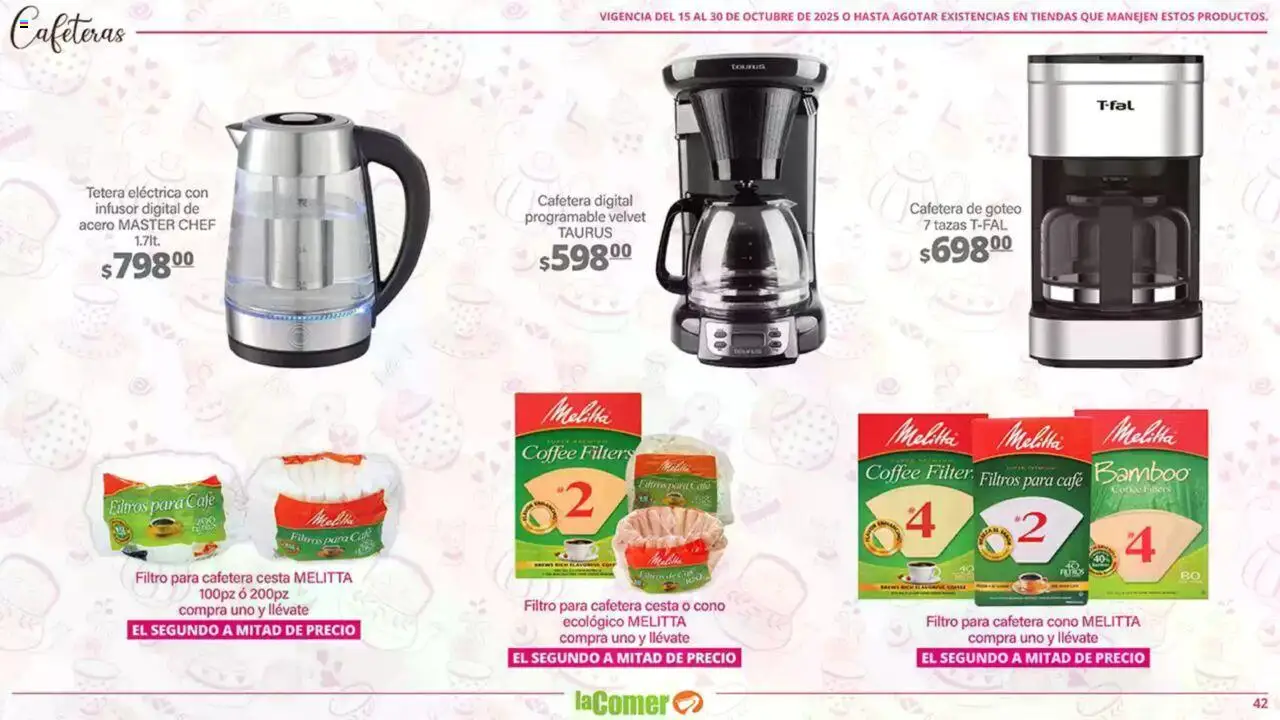 Nuevas ofertas de La Comer válidas en toda la República Mexicana desde el 15.10.2025. ¡Encuentra las mejores ofertas en La Comer - Folleto! | Página: 42 | Productos: Café, Tetera, Tetera eléctrica, Cafetera