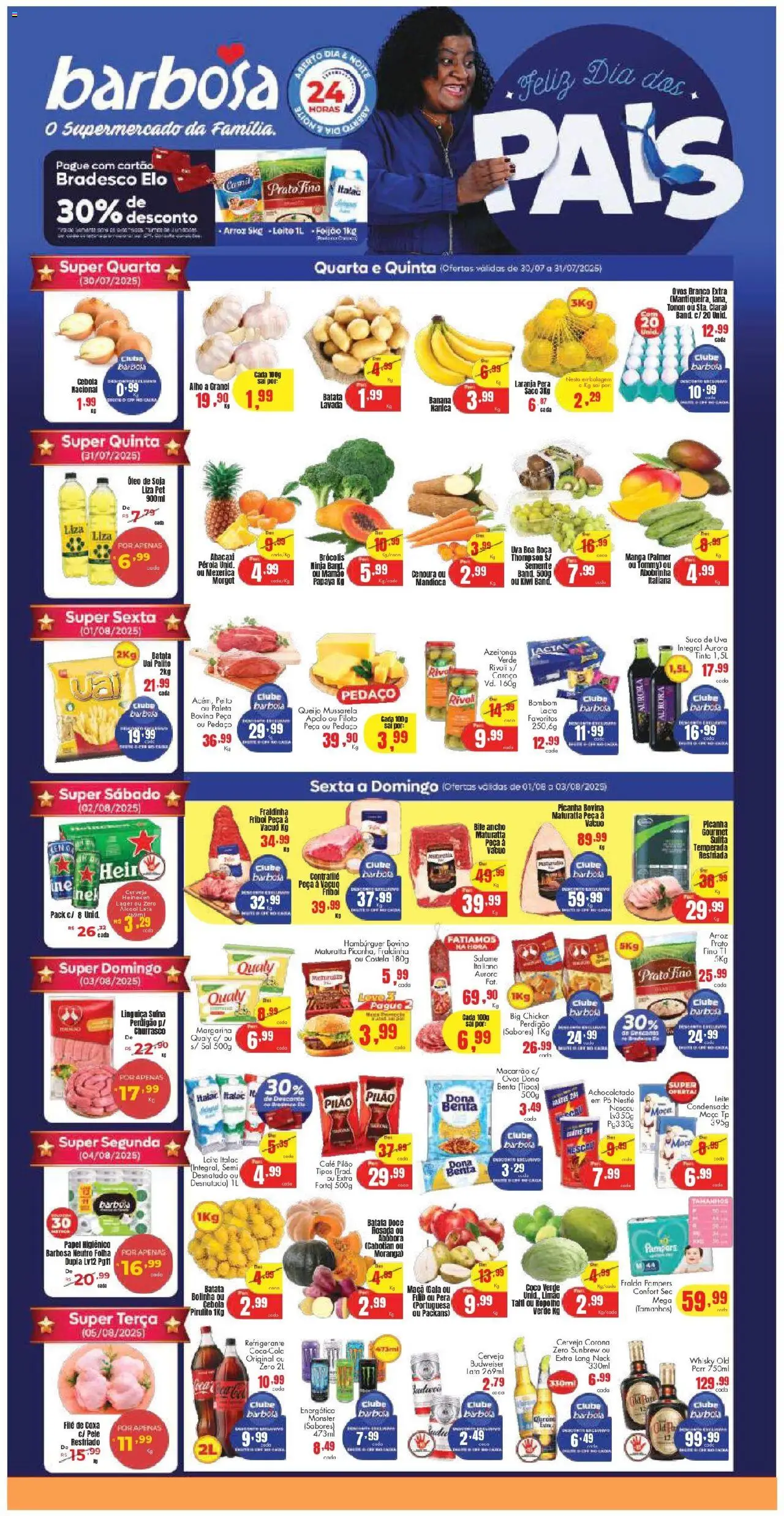 Barbosa Supermercados Folheto - válido de 30.07.2025 | Página: 1 | Produtos: Mandioca, Café, Mamão, Batata