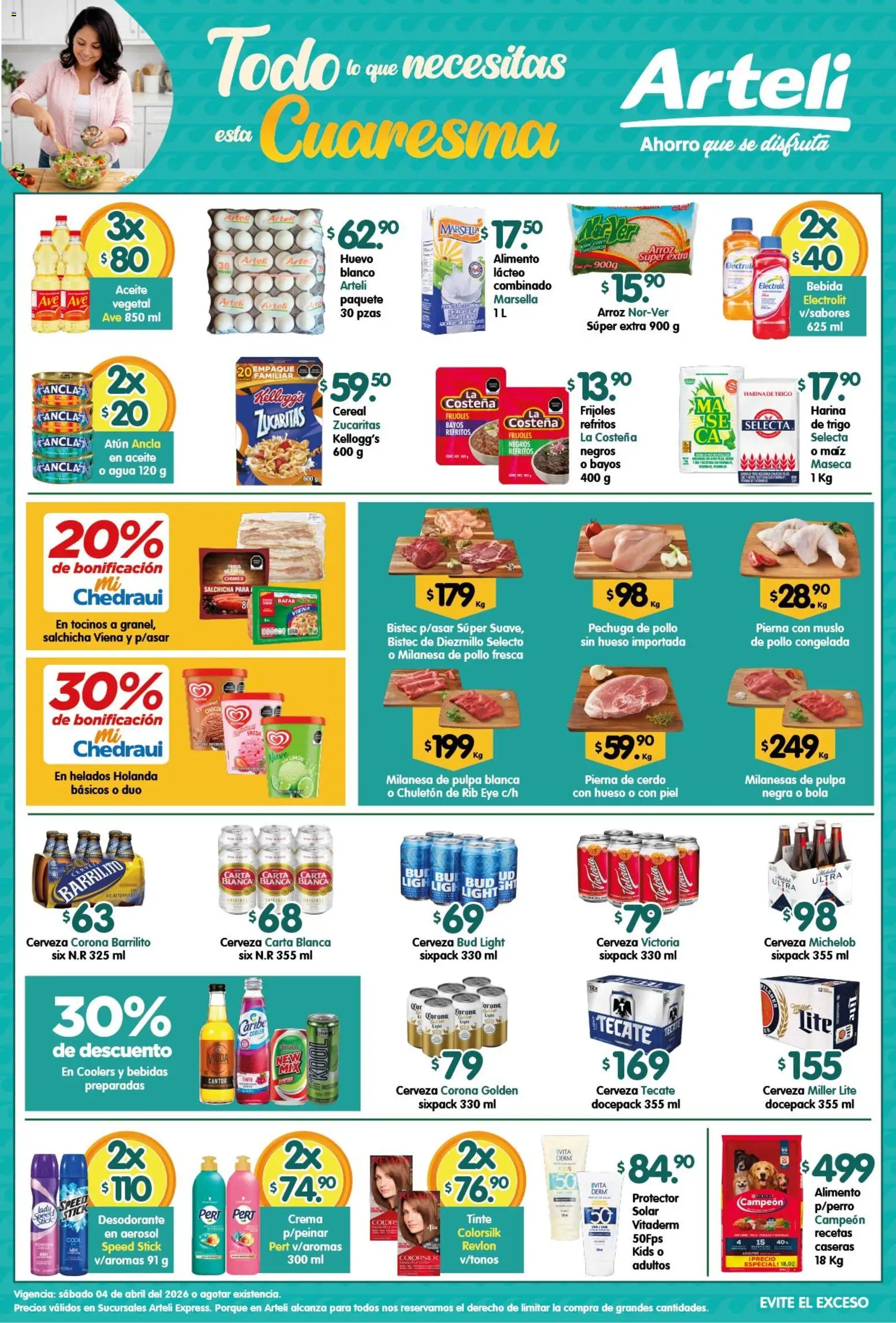 Nuevas ofertas de Arteli válidas en toda la República Mexicana desde el 04.04.2026. ¡Encuentra las mejores ofertas en Arteli folleto Express! | Página: 1 | Productos: Maíz, Salchicha, Atún, Cerveza