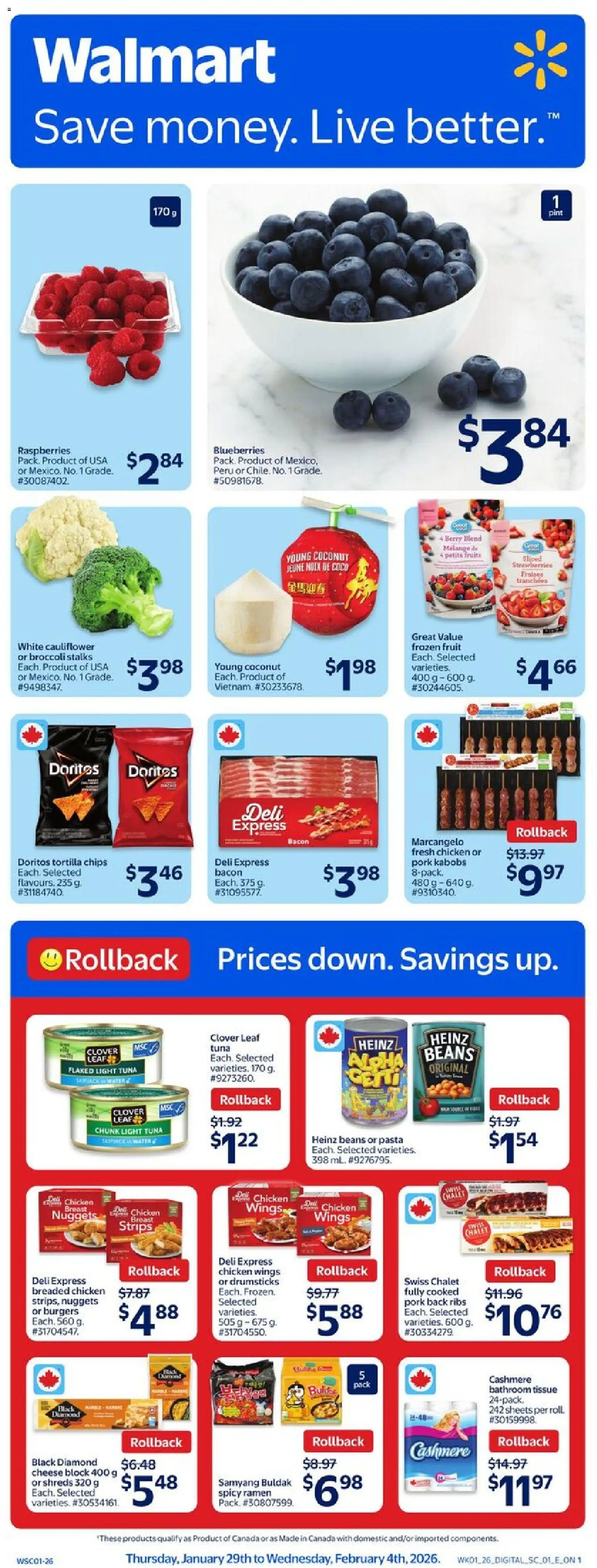 Walmart flyer valid from 29.01.2026 | Page: 1 | Products: Chips, Chicken wings, Cheese, Pork