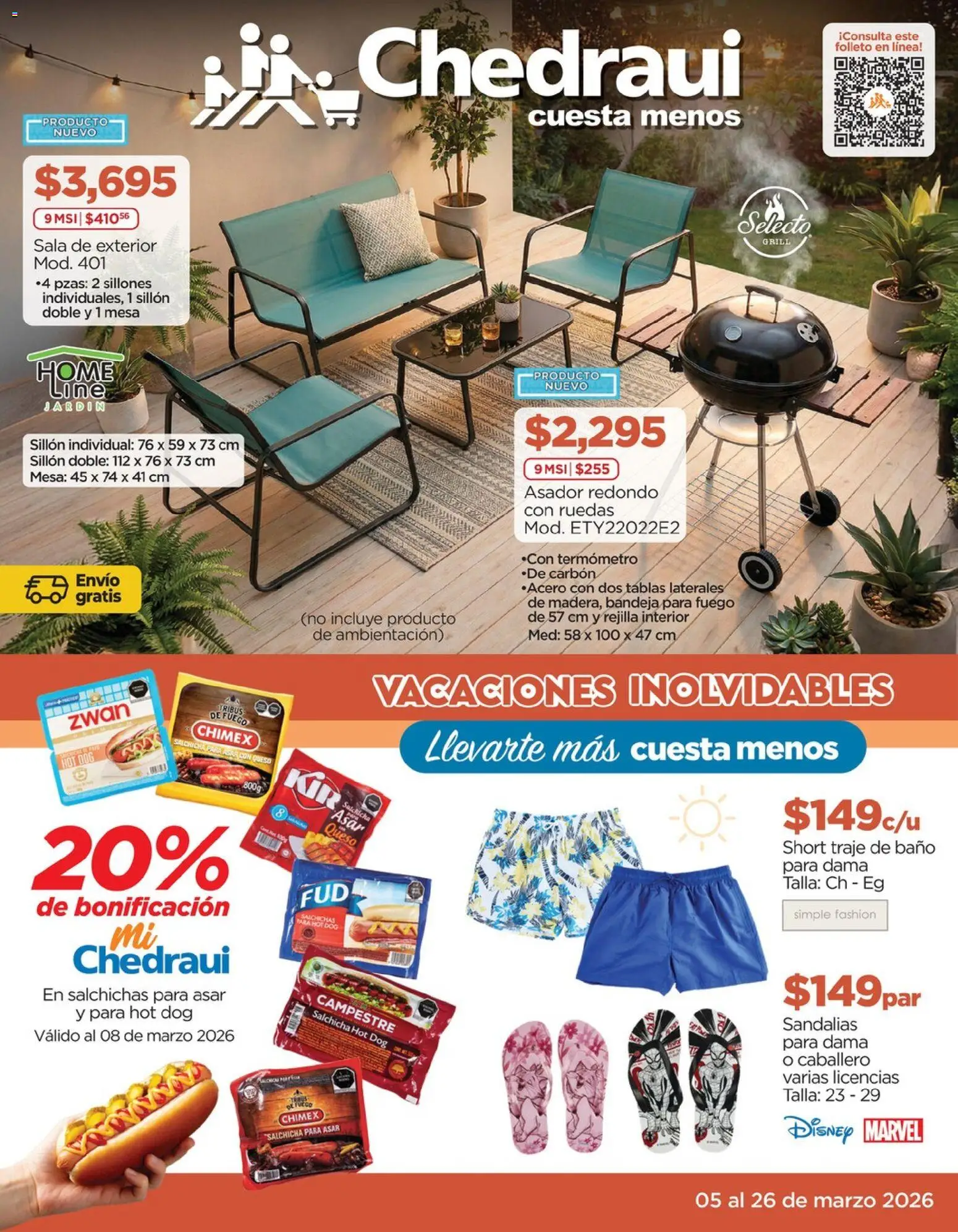 Nuevas ofertas de Chedraui válidas en toda la República Mexicana desde el 05.03.2026. ¡Encuentra las mejores ofertas en Chedraui folleto! | Página: 1 | Productos: Salchicha, Queso, Traje de baño, Sandalias