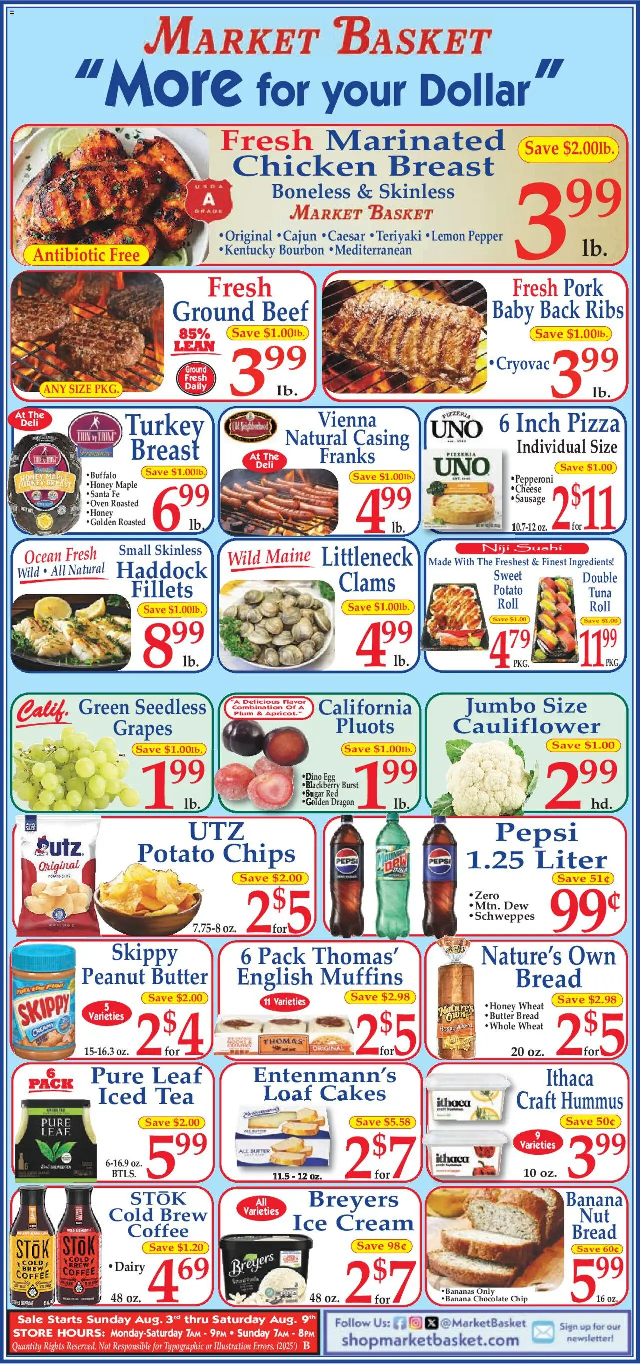Market Basket Ad - valid from 03.08.2025 | Page: 1 | Products: Pizza, Bourbon, Chips, Chocolate Chip