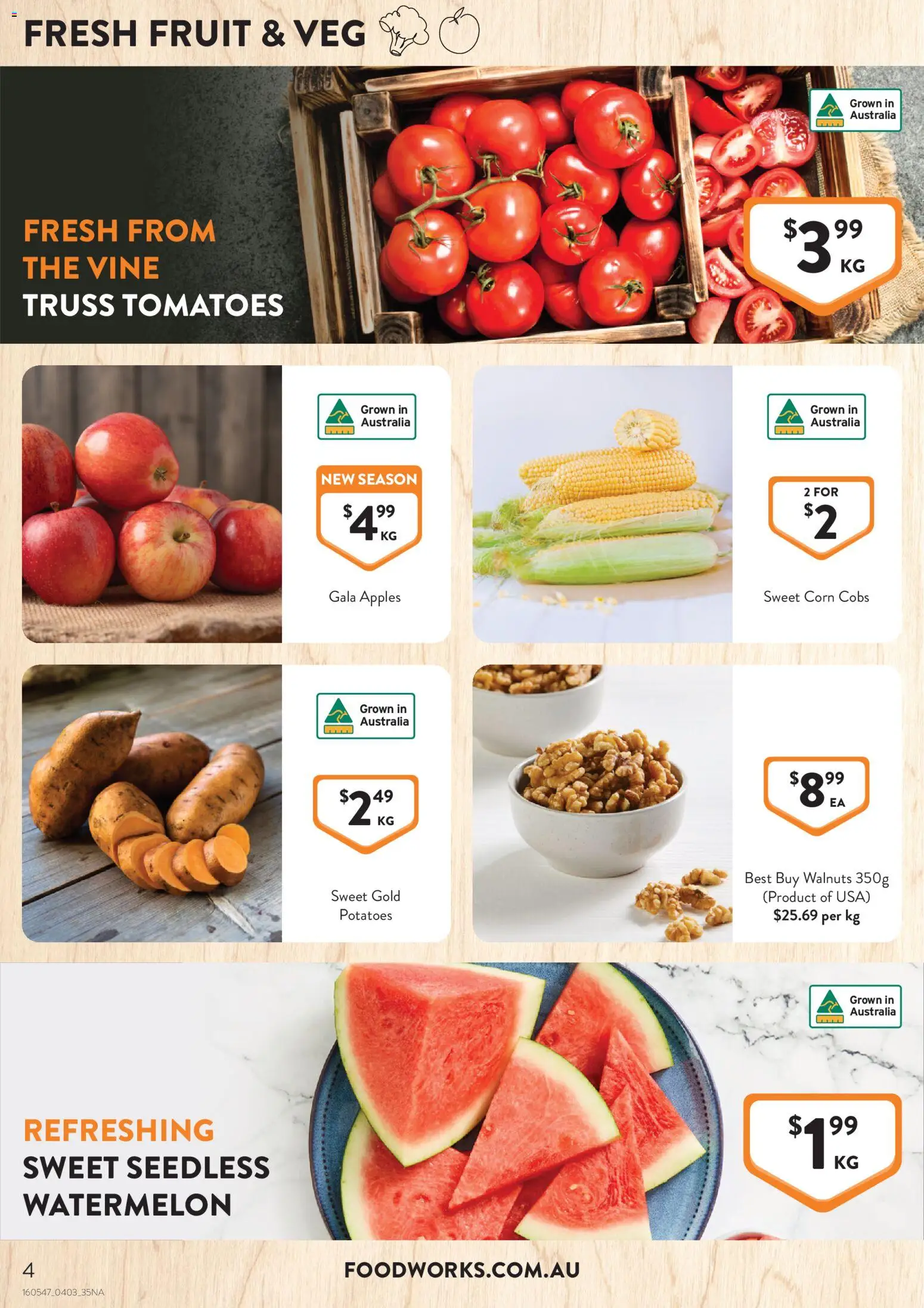 Foodworks catalogue - valid from 04.03.2026 | Page: 4 | Products: Apples, Tomatoes, Potatoes, Watermelon