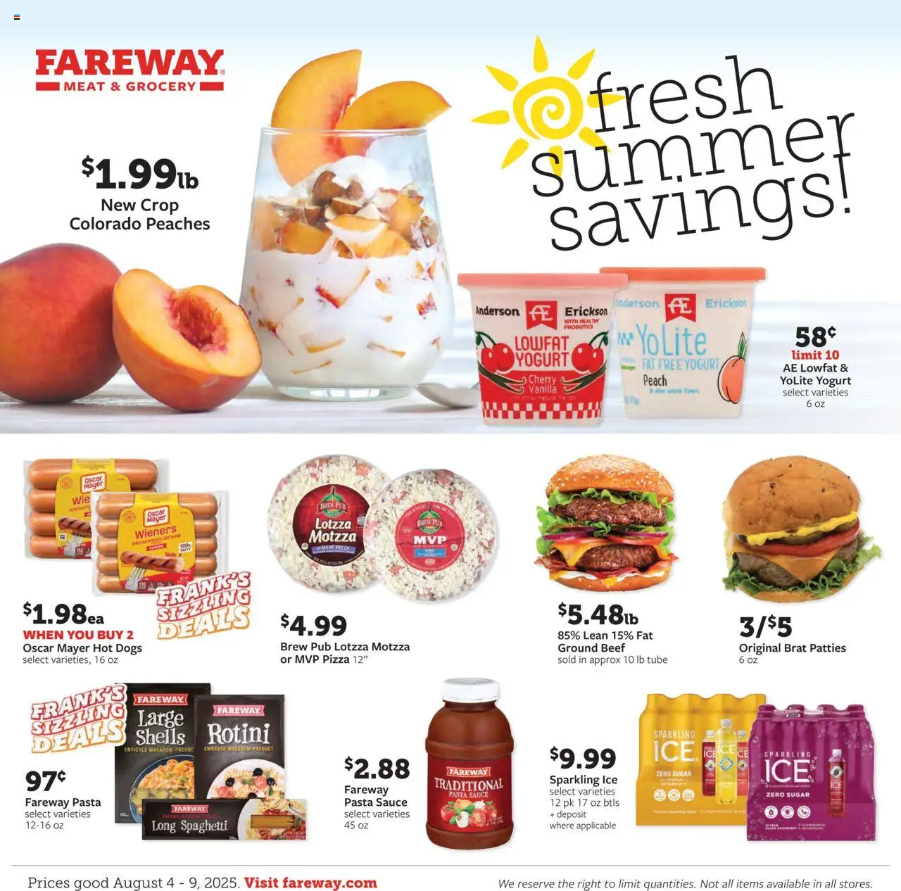 Fareway Weekly Ad - valid from 04.08.2025 | Page: 1 | Products: Probiotics, Beef, Sauce, Hot Dogs