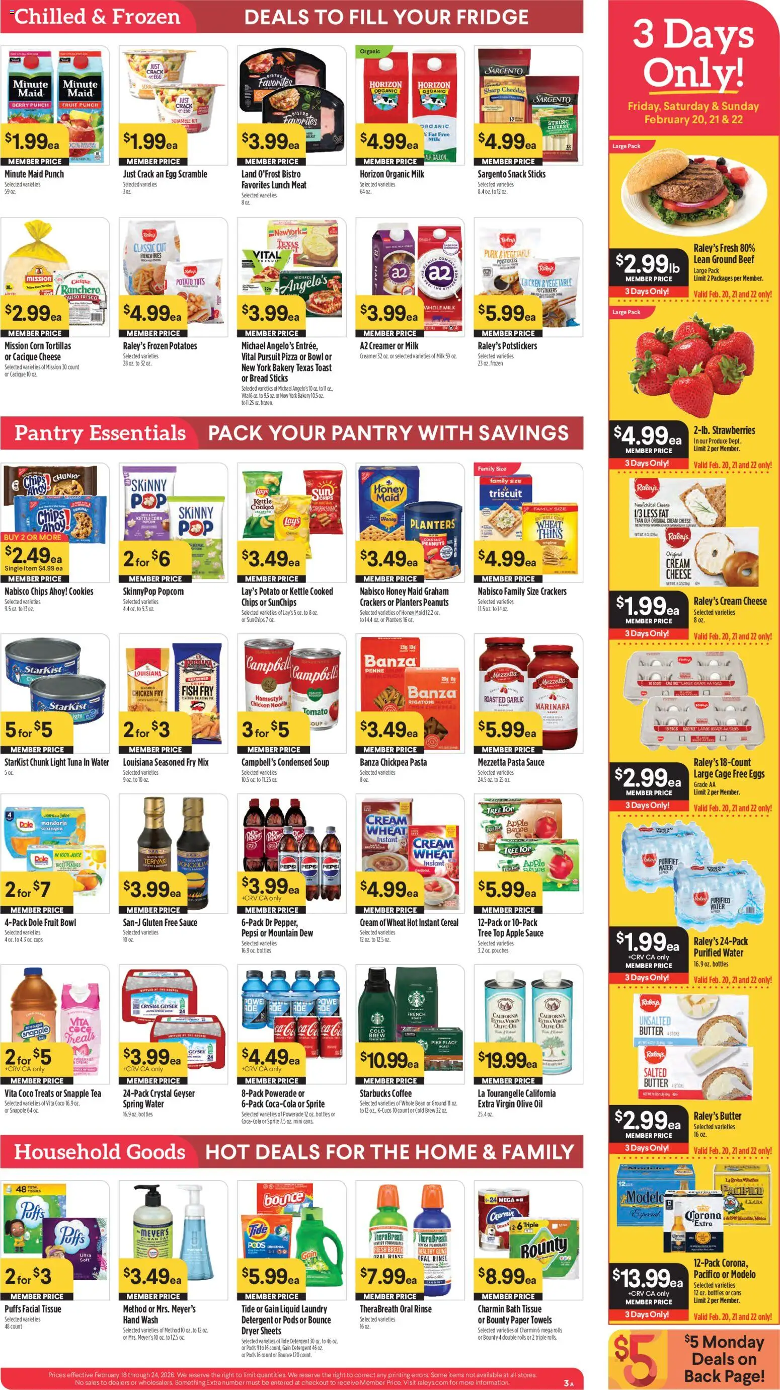Raley's Weekly Ad - valid from 18.02.2026 | Page: 3 | Products: Eggs, Bread, Beef, Water