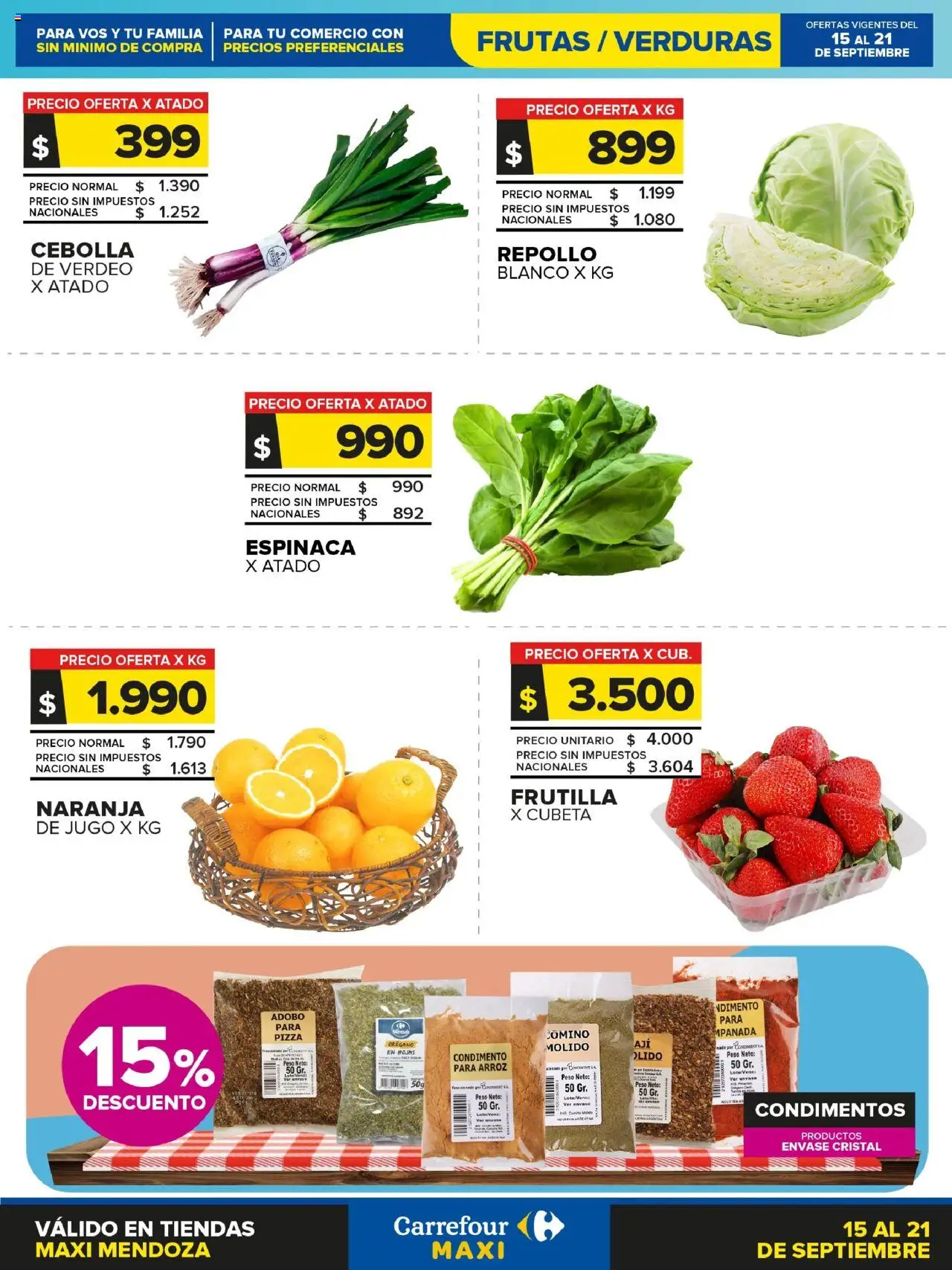 Carrefour Maxi Frutas y Verduras | Mendoza │ válido desde el 15.09.2025 | Página: 1 | Productos: Peso, Frutilla, Espinaca, Arroz