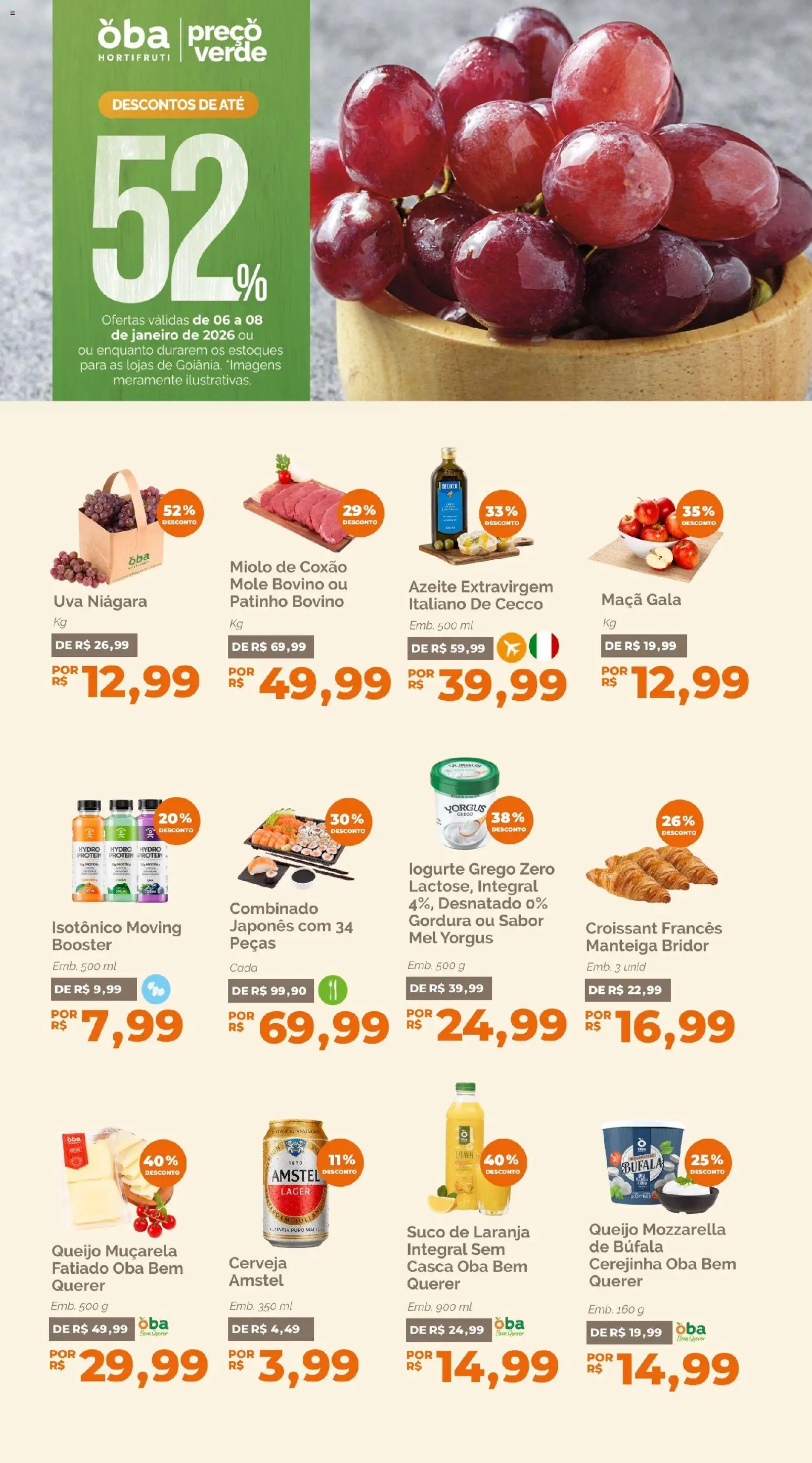 Oba Hortifruti Folheto - válido de 06.01.2026 | Página: 1 | Produtos: Suco, Muçarela, Mel, Isotônico