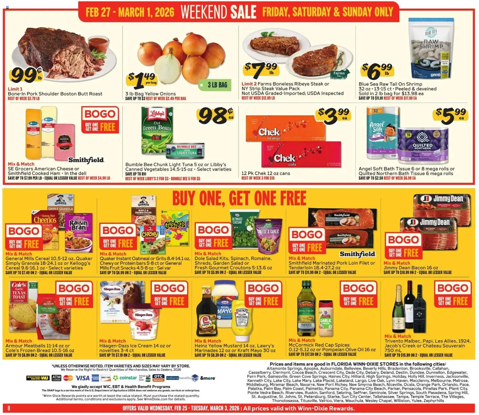 Winn Dixie Weekly Ad - valid from 25.02.2026 | Page: 8 | Products: Cheese, Chocolate, Ice cream, Bag